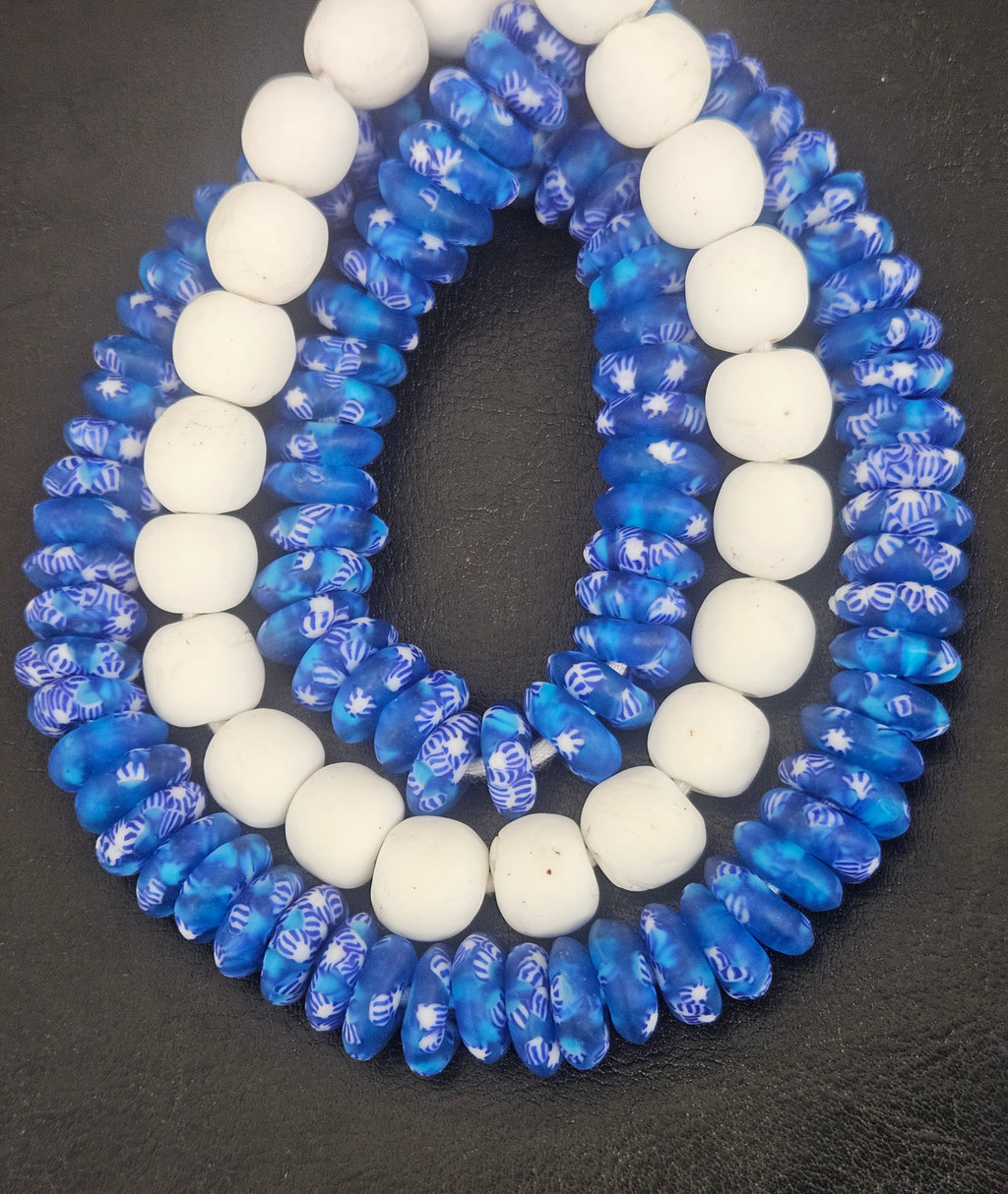 Blue & White African Glass Bead Bundle: Hand-Painted Krobo Rondelle and White Pocket Beads from Ghana