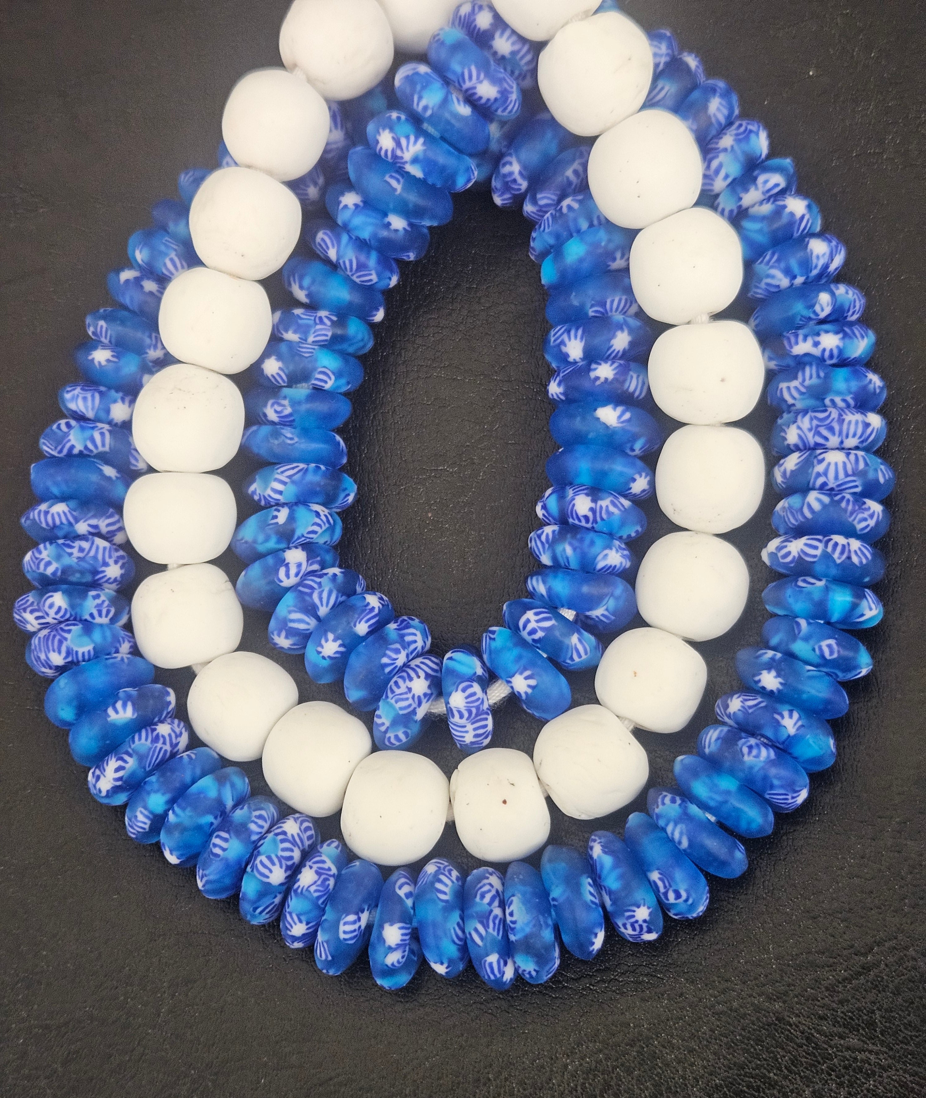 Blue & White African Glass Bead Bundle: Hand-Painted Krobo Rondelle and White Pocket Beads from Ghana