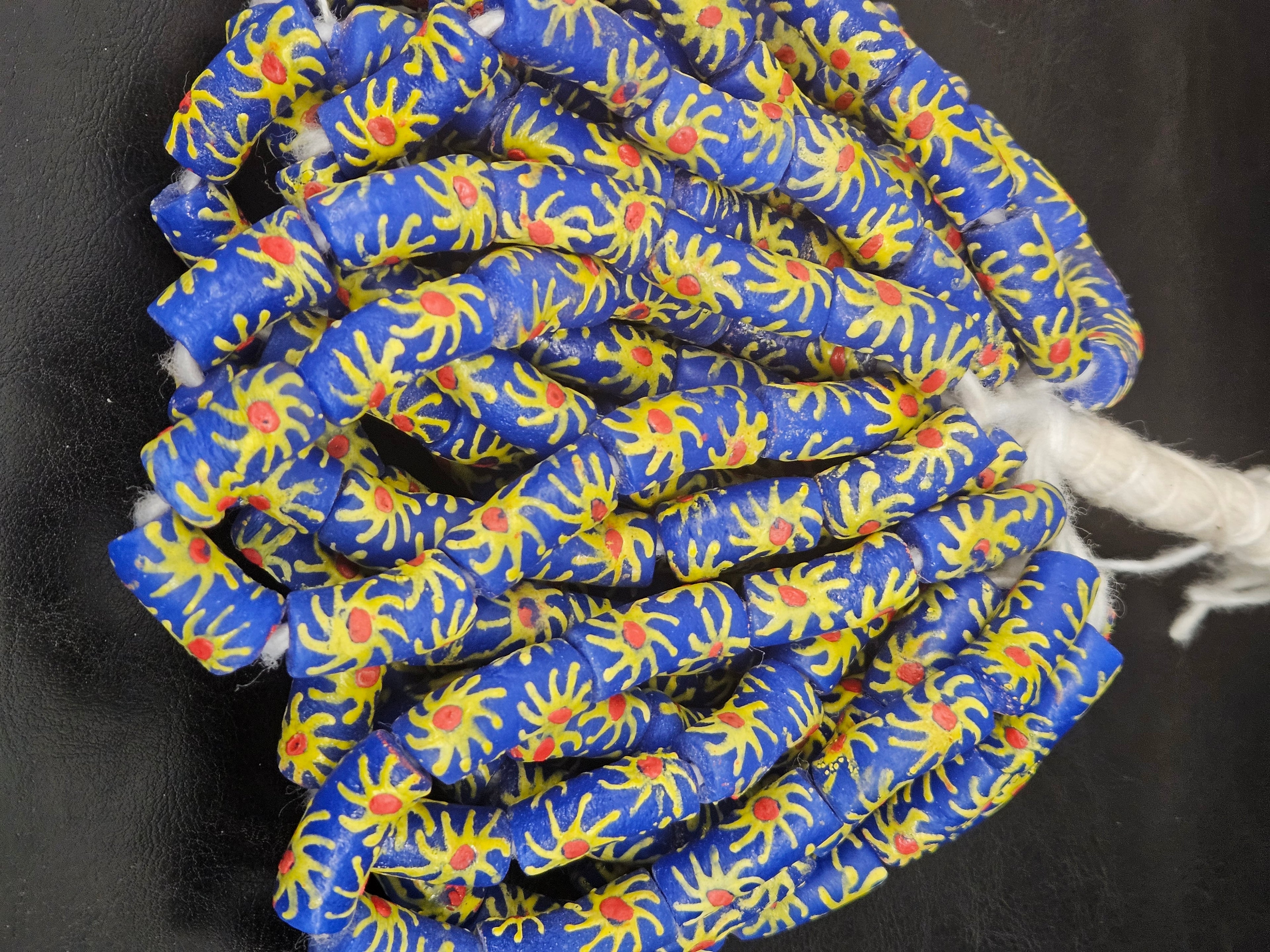Painted Krobo Glass Tube Beads | Royal Blue Recycled Glass Tube Beads | Handmade in Ghana | 13–14×26–30mm
