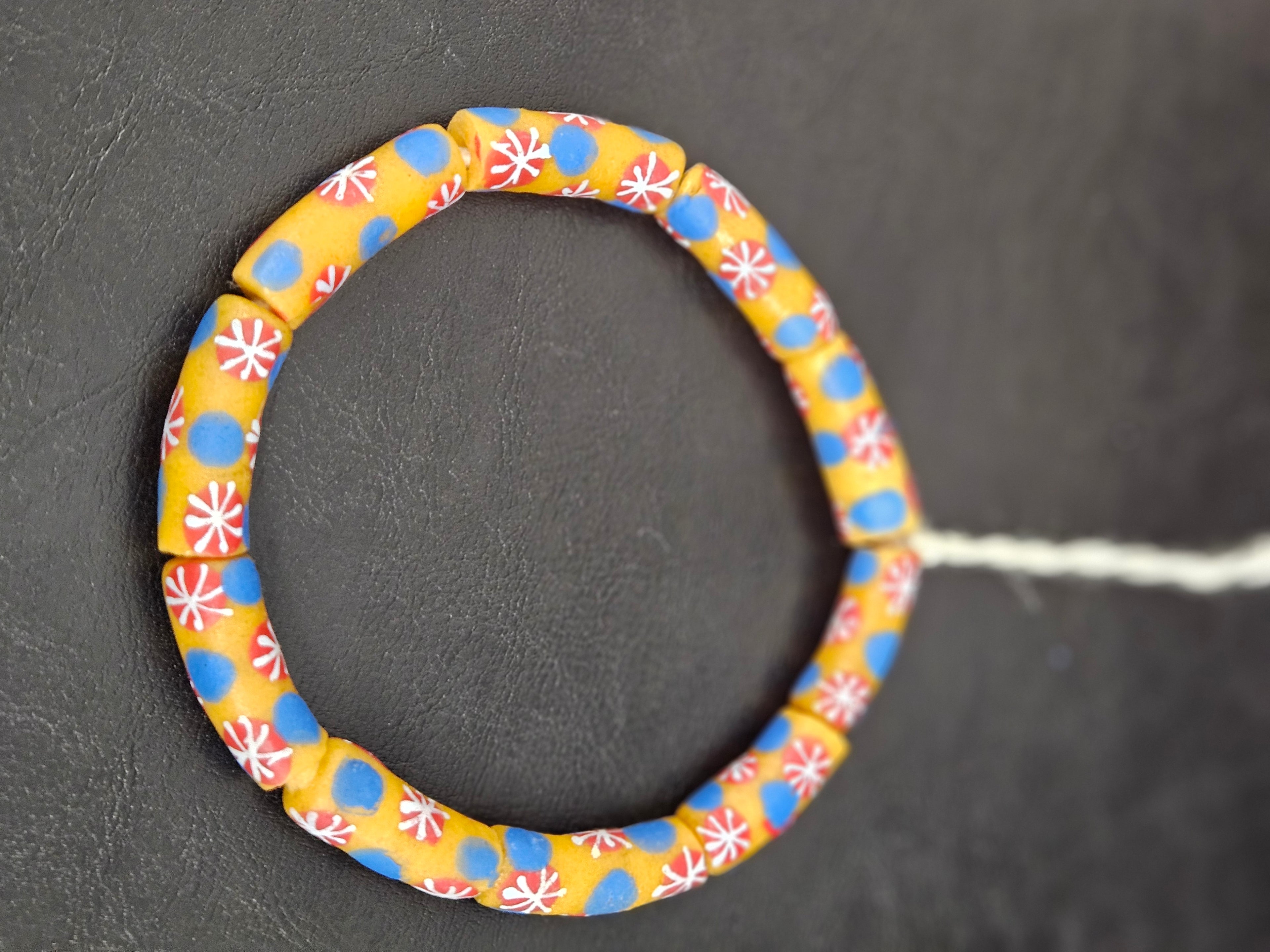 Golden Yellow Krobo Painted Glass Tube Beads with Royal Blue & Coral Red Floral Motifs | Handcrafted Recycled Glass from Ghana
