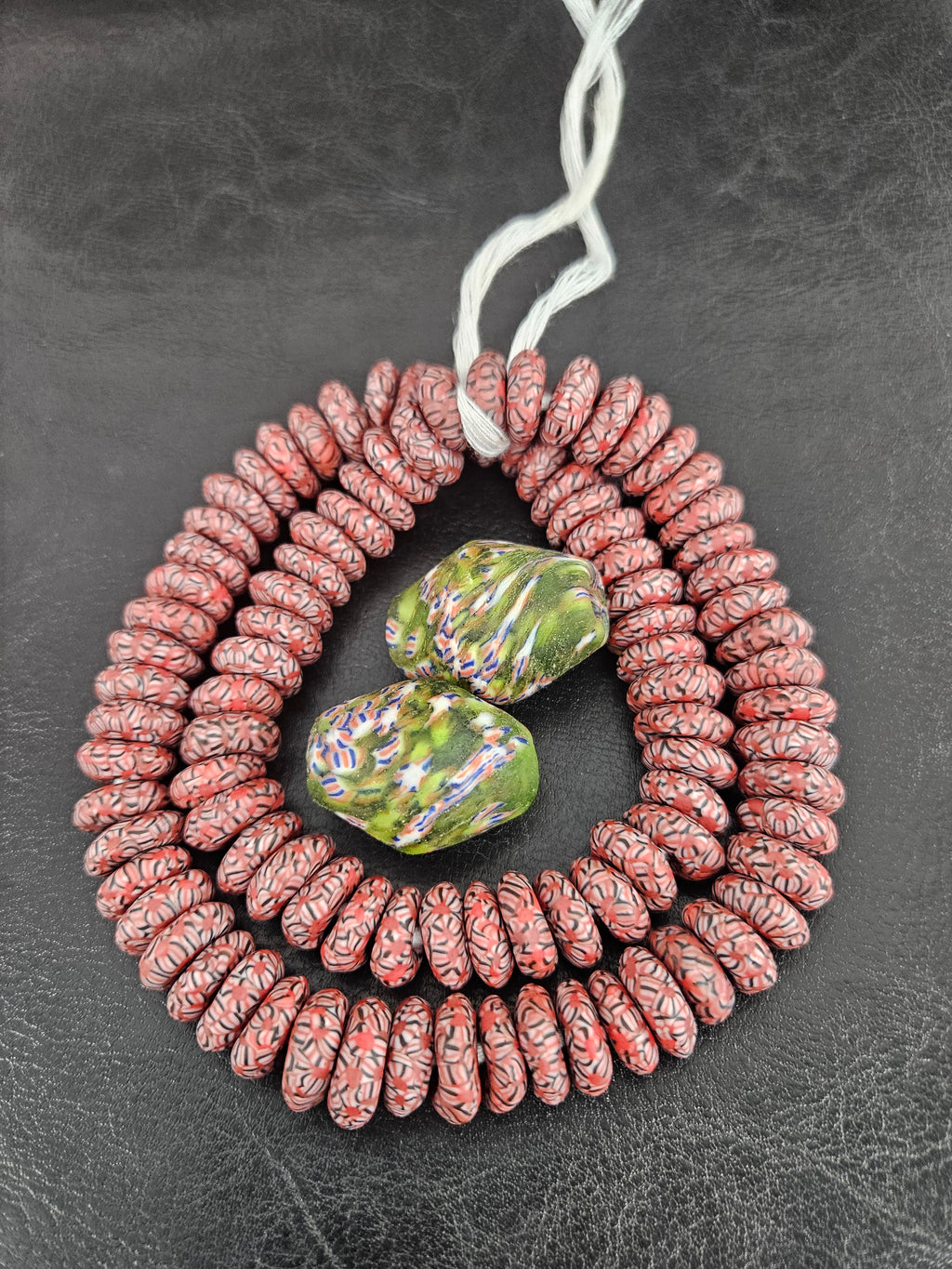 African Glass Bead Bundle – Coral Krobo Rondelles + Green Focal Beads