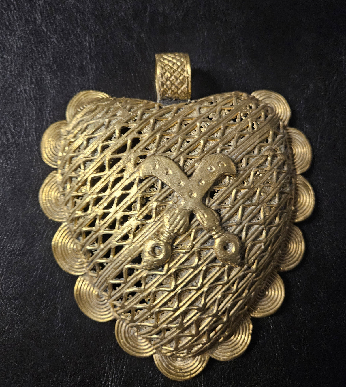 Large Akofena Ghana Brass Statement Pendant – Woven Geometric Focal