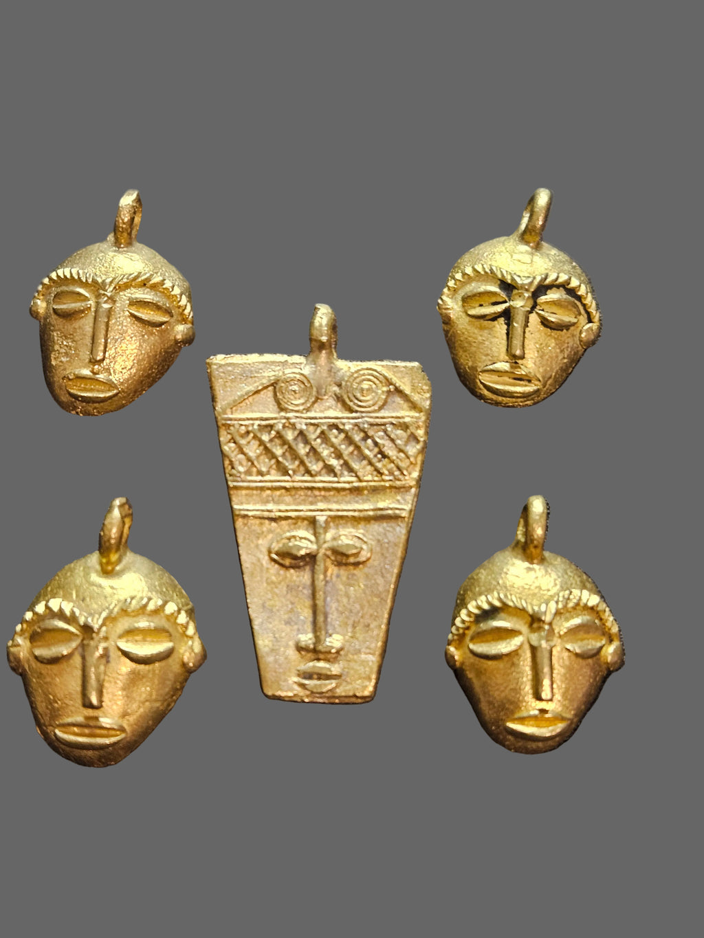 Ashanti Brass Mask Pendant Set – 5 Handcrafted Ghanaian Heritage Masks