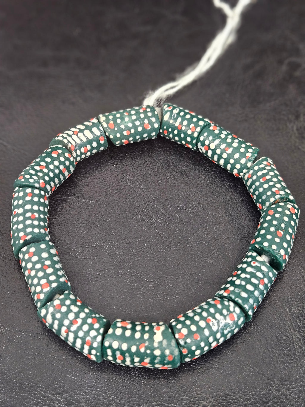 Painted Krobo Glass Beads | Green Red & White Polka Dot Long Tube Beads | Handcrafted Ghana Recycled Glass Beads