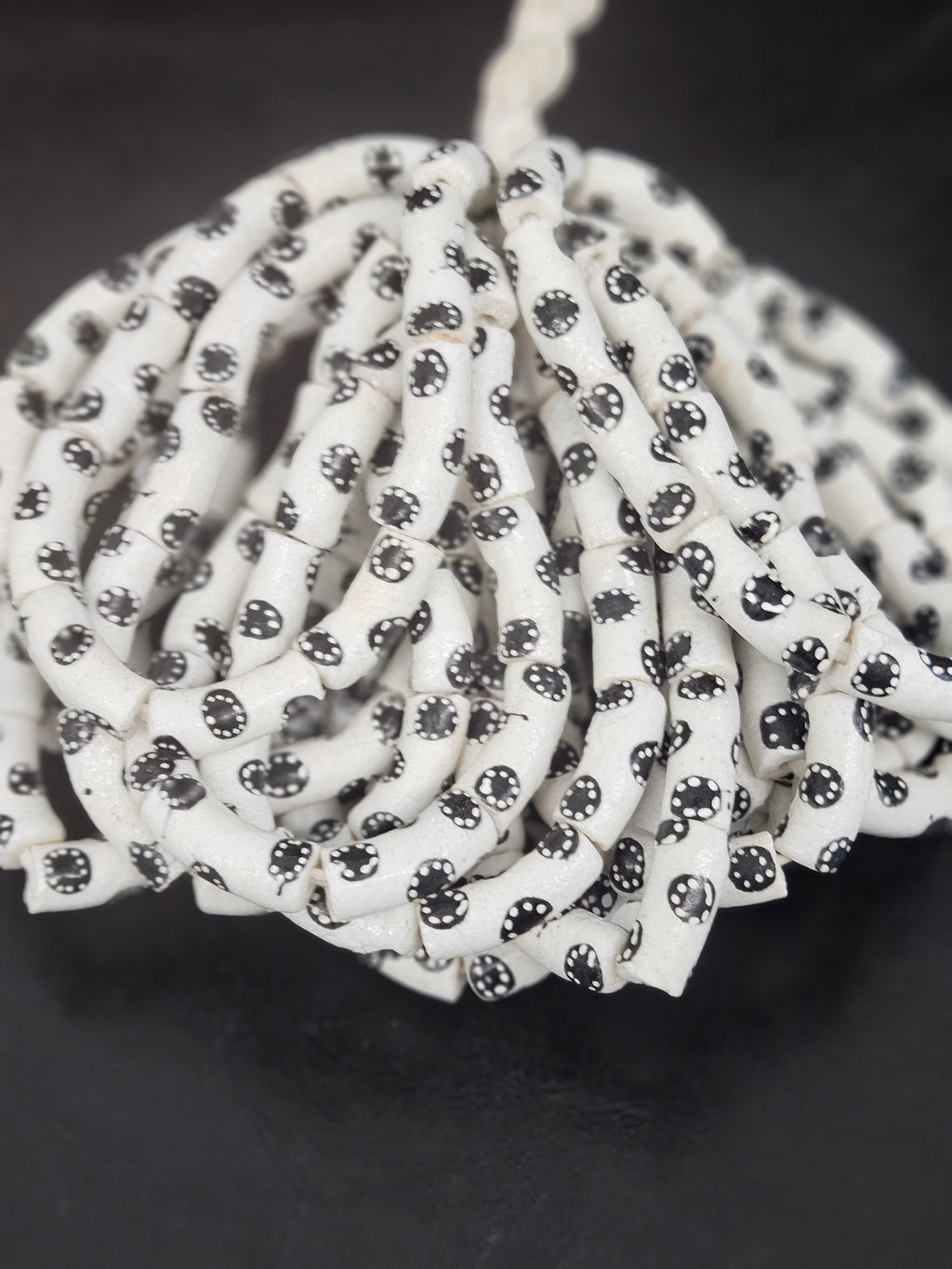 Ivory White Krobo Painted Glass Tube Beads with Ebony Black Medallion Motifs