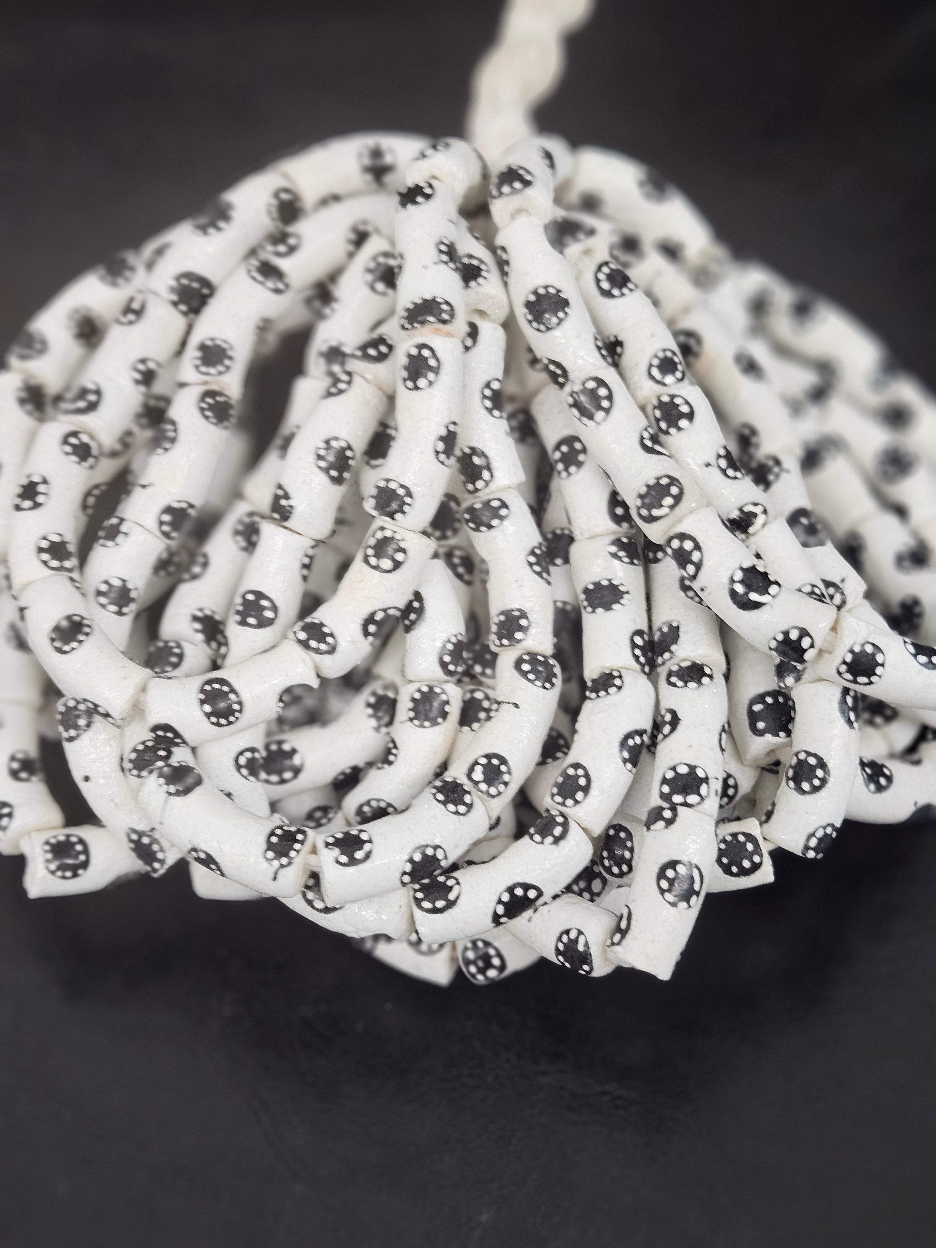 Ivory White Krobo Painted Glass Tube Beads with Ebony Black Medallion Motifs