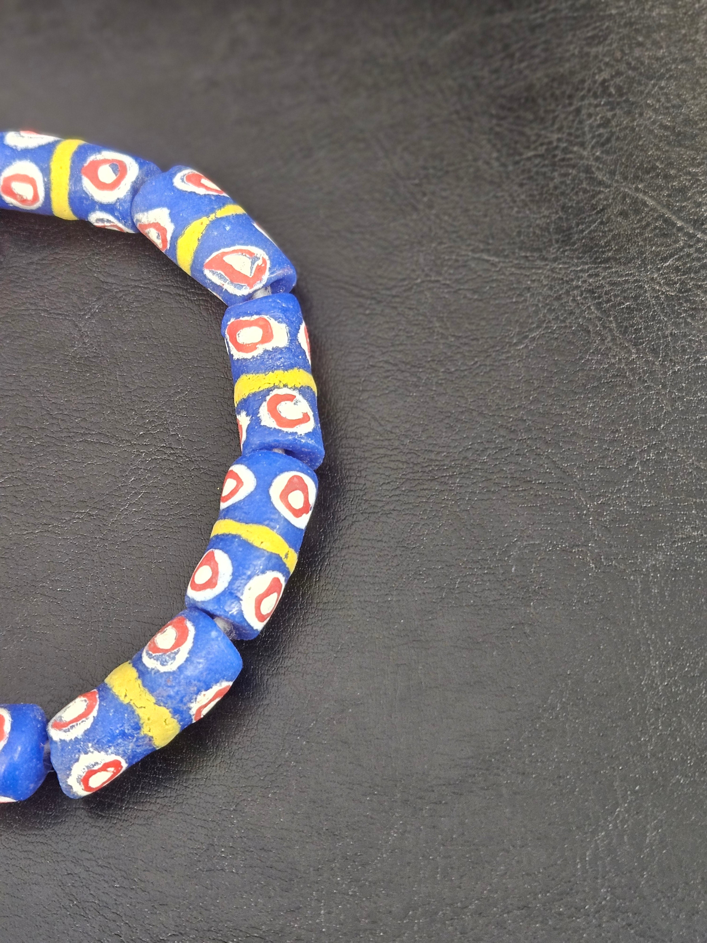 Royal Blue Krobo Painted Glass Tube Beads with Hand-Painted Eye Motifs | Ghana Recycled Glass Beads