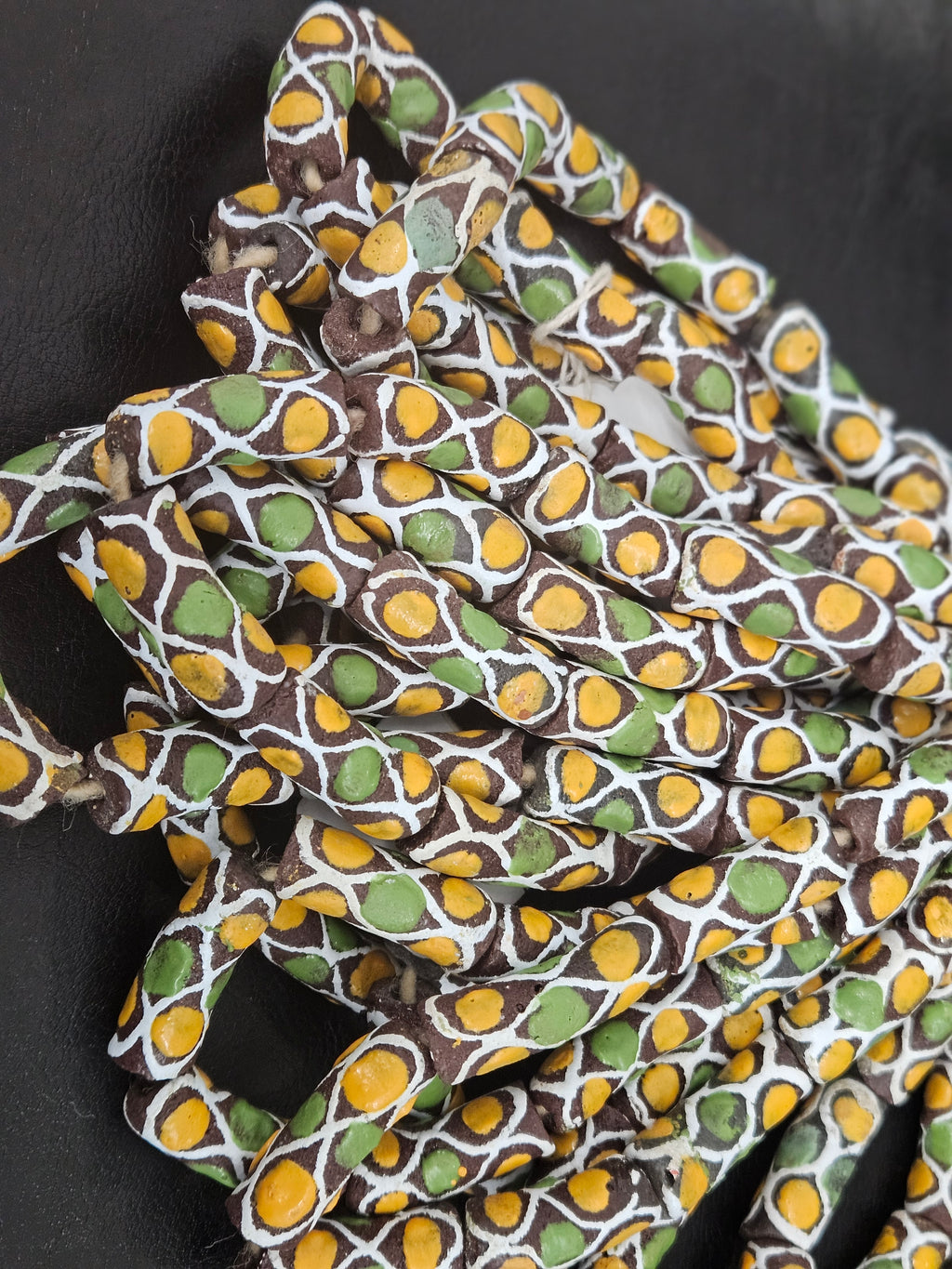 Chocolate Brown Krobo Painted Glass Tube Beads with Golden Yellow & Leaf Green Mosaic Motifs | Handcrafted Recycled Glass from Ghana