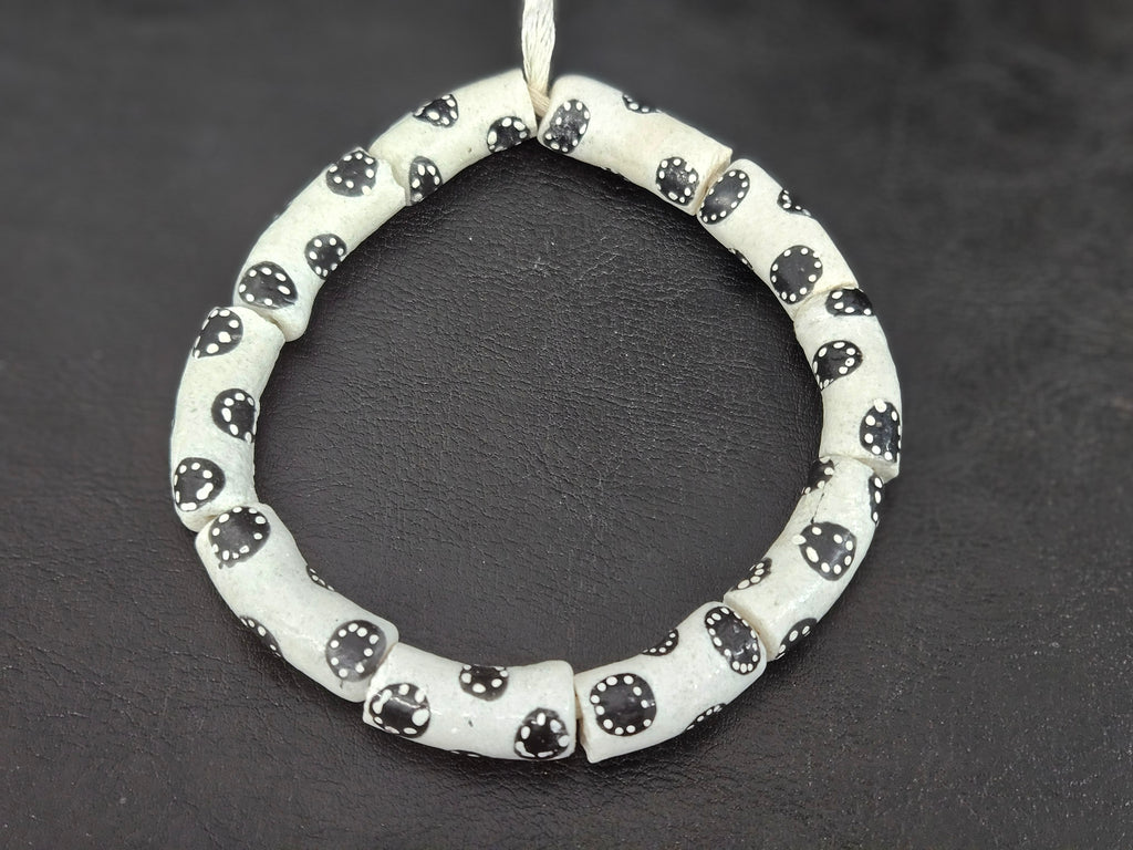 Ivory White Krobo Painted Glass Tube Beads with Ebony Black Medallion Motifs