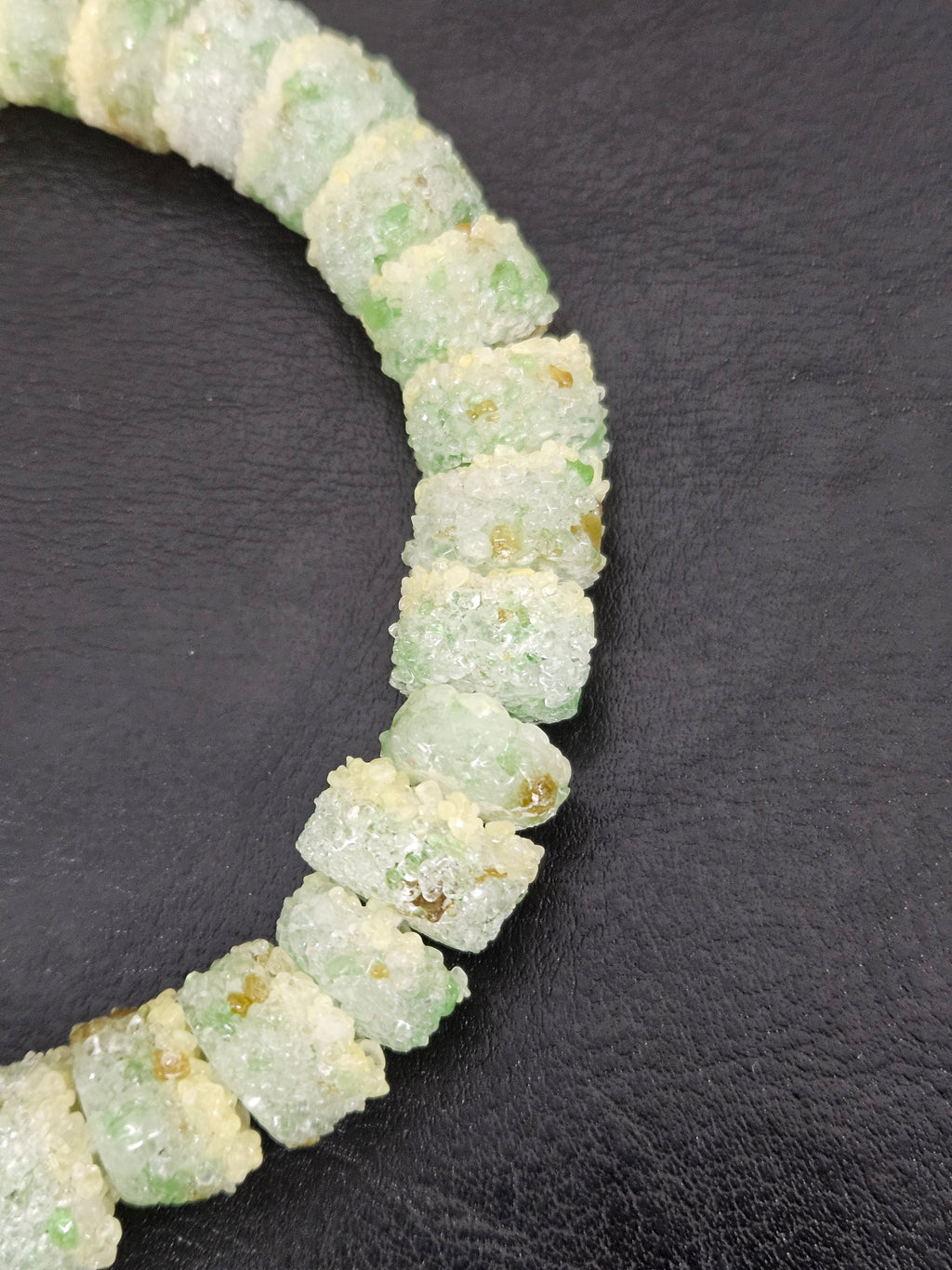 Green & Ivory Confetti Krobo Sugar Glass Short Tube Beads | Handcrafted Recycled Glass Beads from Ghana | Approx. 32 Beads Per Strand