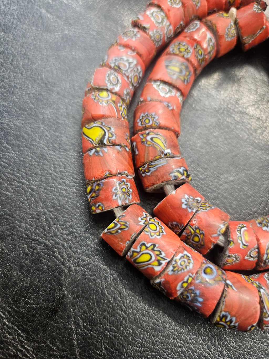 African Trade Beads – Red Multicolor Floral Pattern Strand