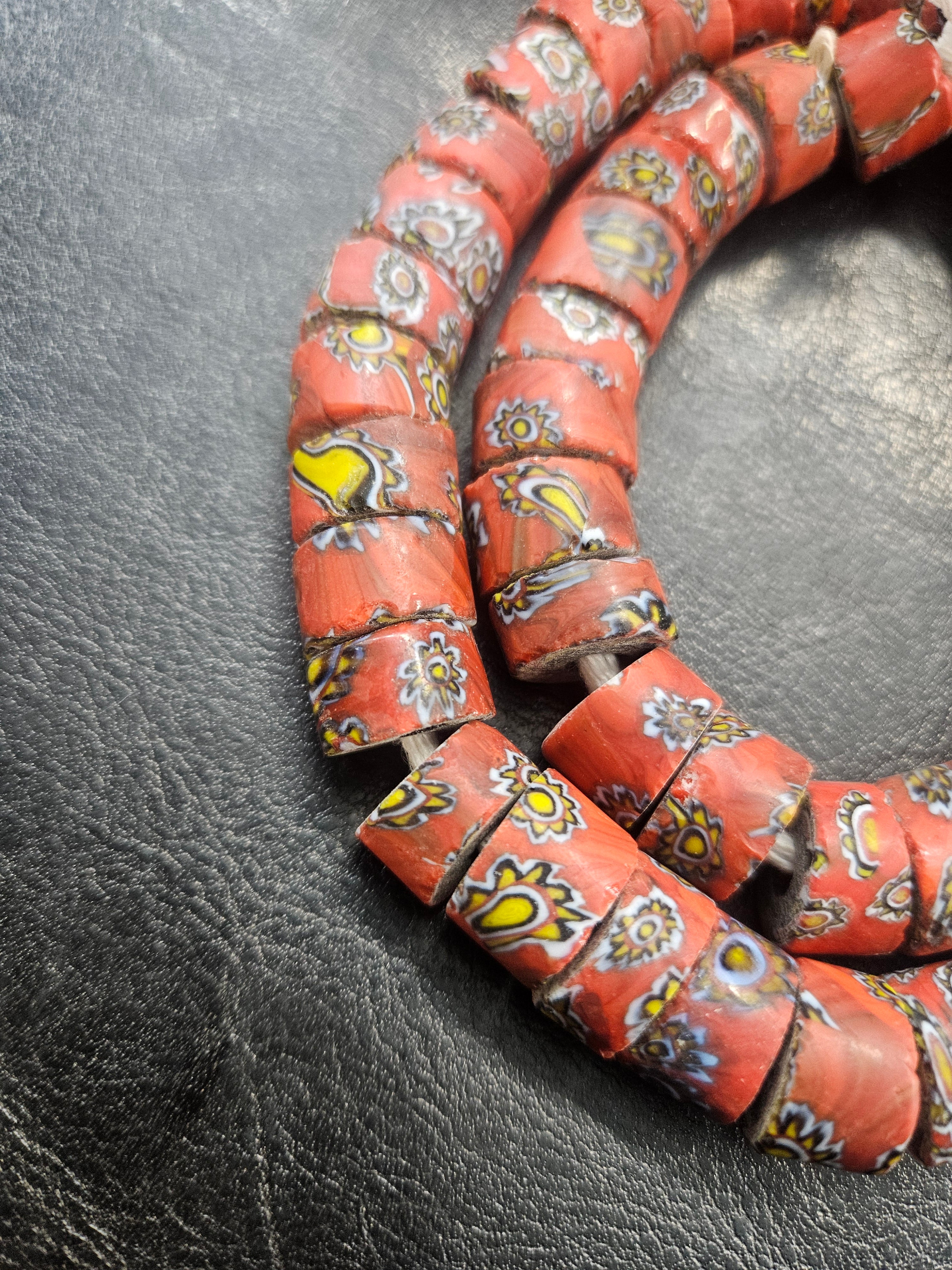 African Trade Beads – Red Multicolor Floral Pattern Strand