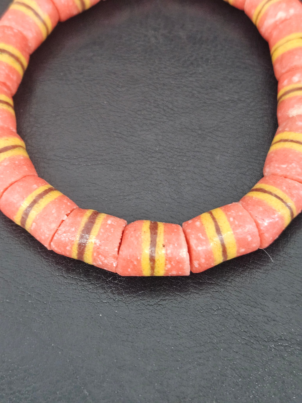 Red Striped Krobo Kente Glass Beads | Handcrafted Powdered Glass Beads from Ghana | Approx. 17 Beads