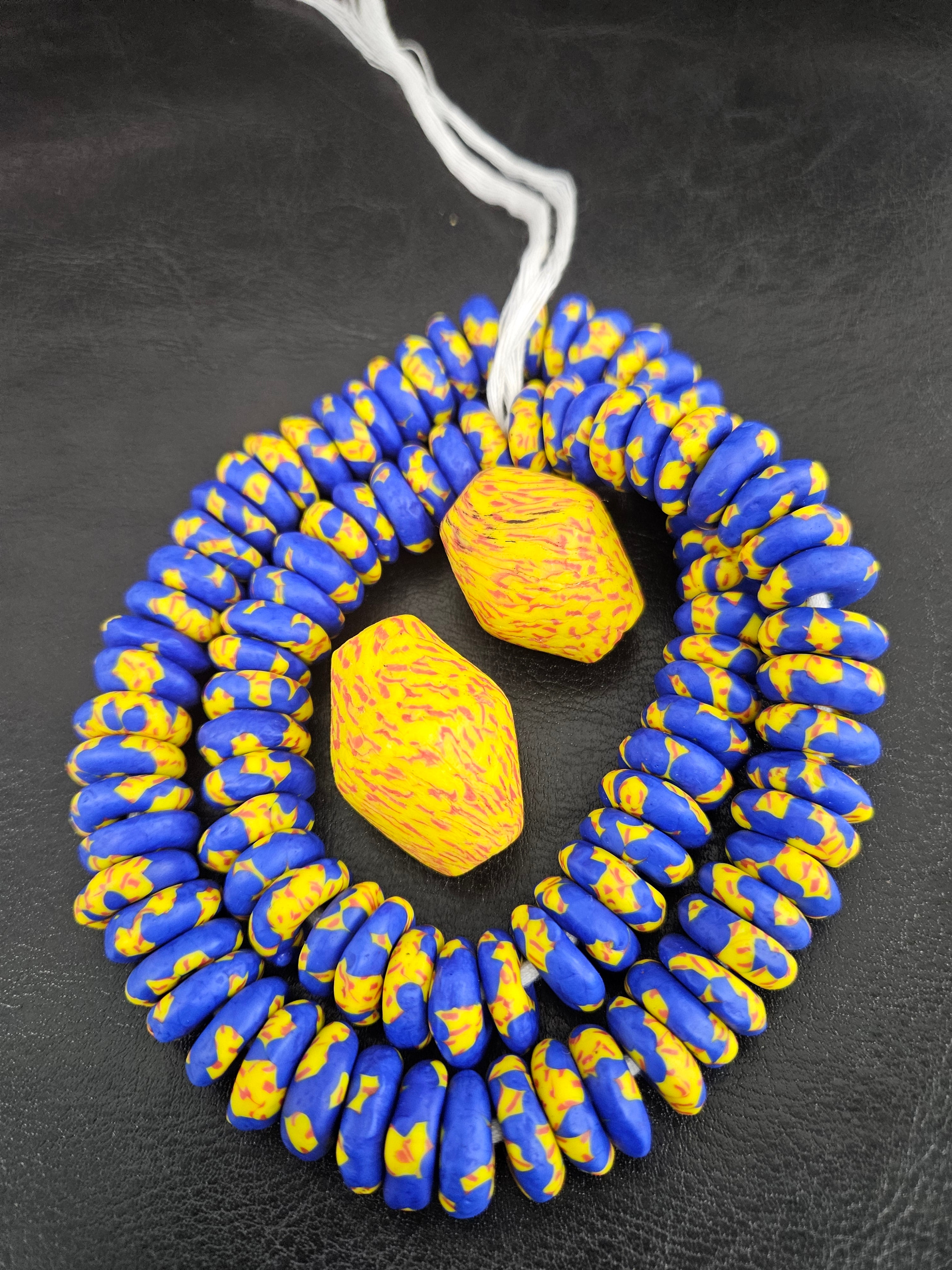 Blue African Beads Bundle – Krobo Glass Rondelles + Yellow Bicone Focals