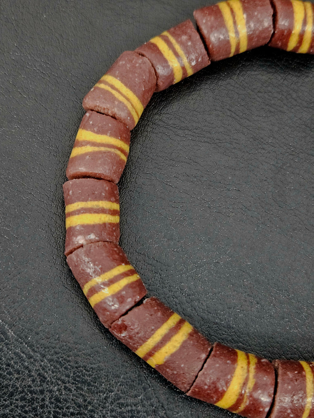 Brown Striped Krobo Kente Glass Beads | Handcrafted Powdered Glass Beads from Ghana | Approx. 17 Beads