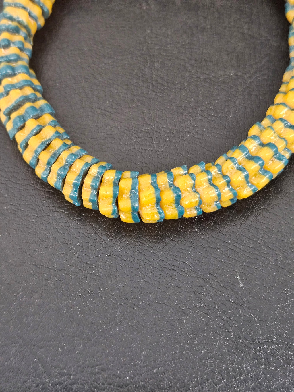 Golden Yellow and Teal Blue Krobo Glass Spacer Beads, Handmade African Recycled Glass Beads, Ghana Beading Supplies