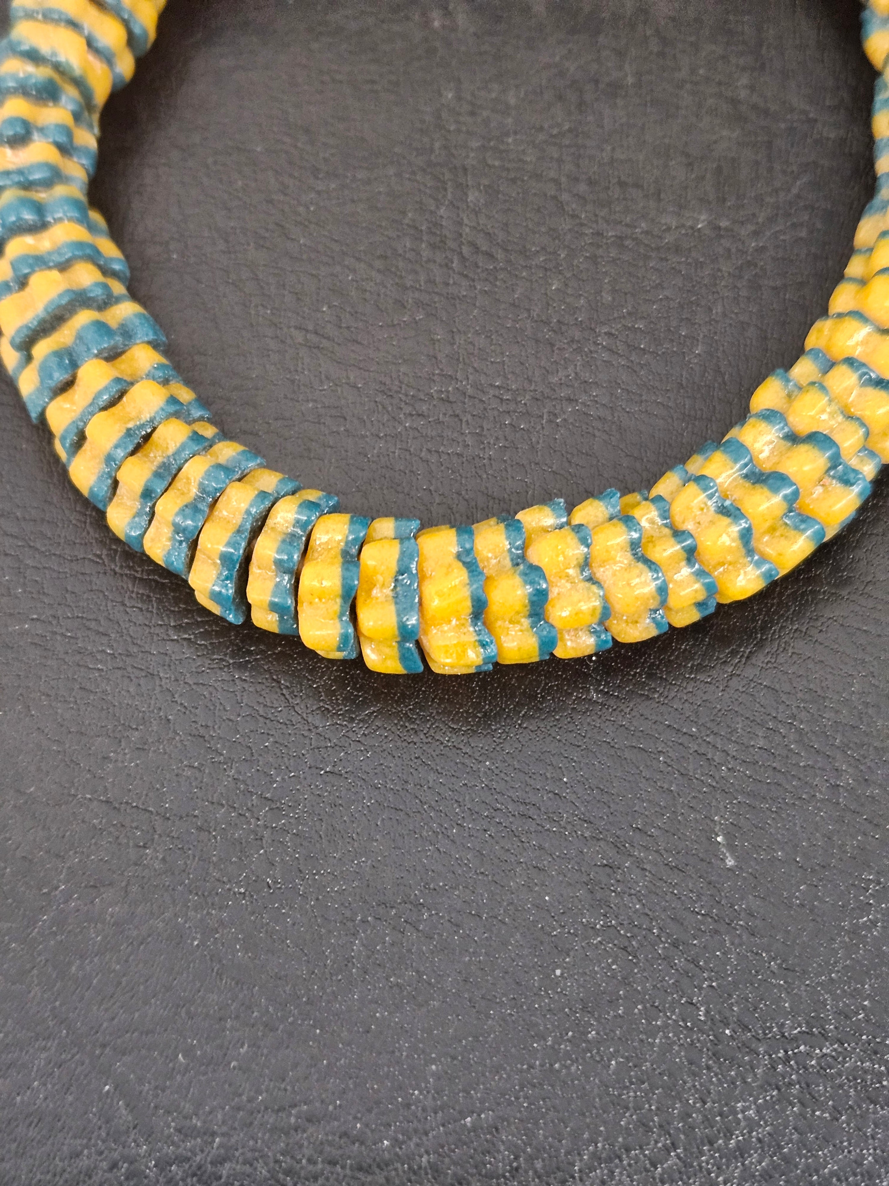Golden Yellow and Teal Blue Krobo Glass Spacer Beads, Handmade African Recycled Glass Beads, Ghana Beading Supplies