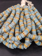 Light Blue Striped Krobo Kente Glass Beads | Handcrafted Powdered Glass Beads from Ghana | Approx. 17 Beads