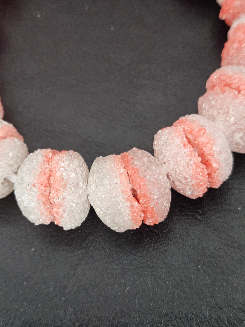Coral & White Krobo Sugar Glass Rondelle Beads | Handcrafted Recycled Glass Beads from Ghana | Approx. 30 Beads Per Strand