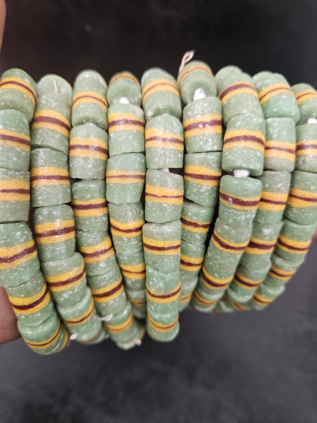 Green Striped Krobo Kente Glass Beads | Handcrafted Powdered Glass Beads from Ghana | Approx. 17 Beads