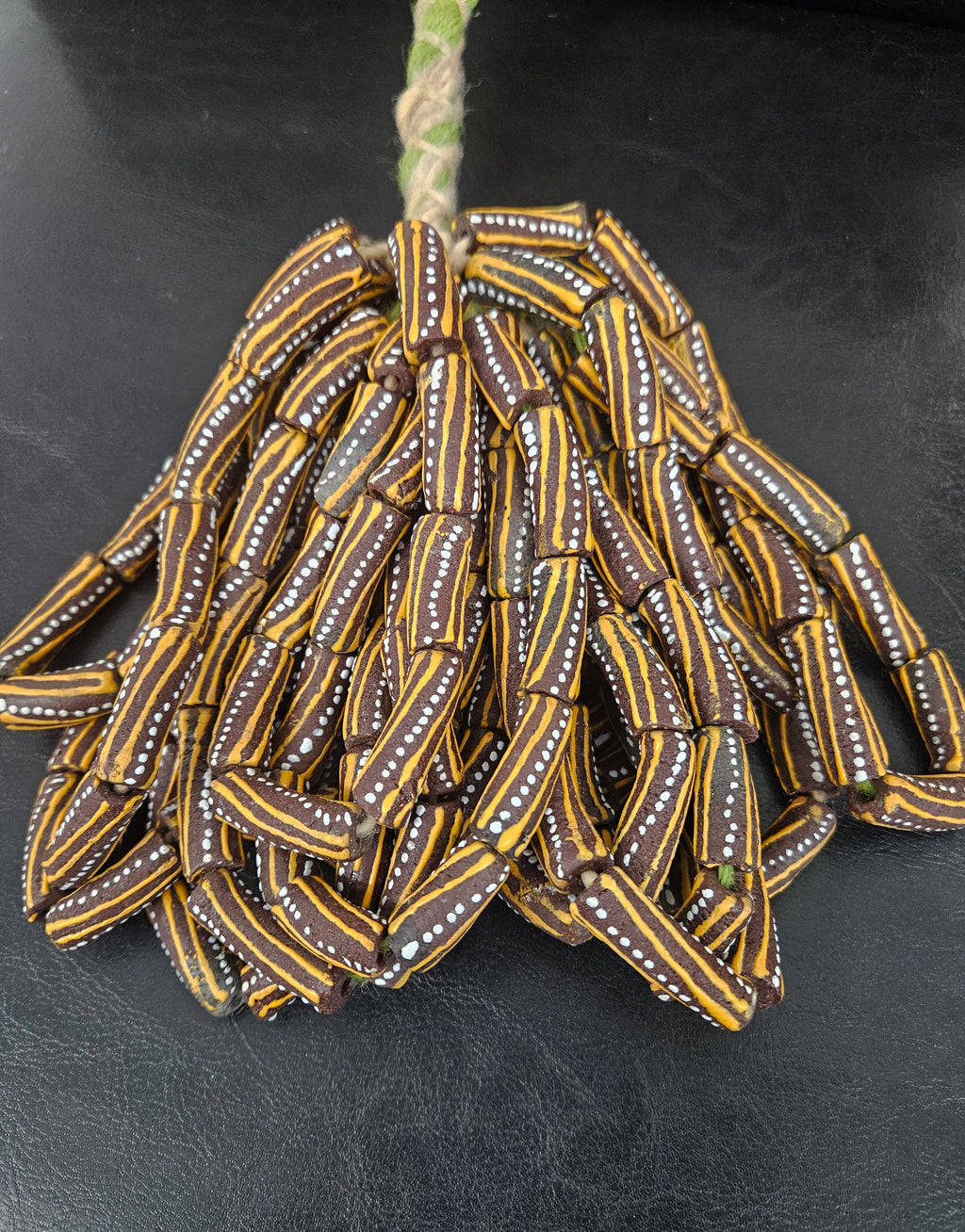 African Glass Beads – Painted Krobo Long Tubes, Brown & Gold