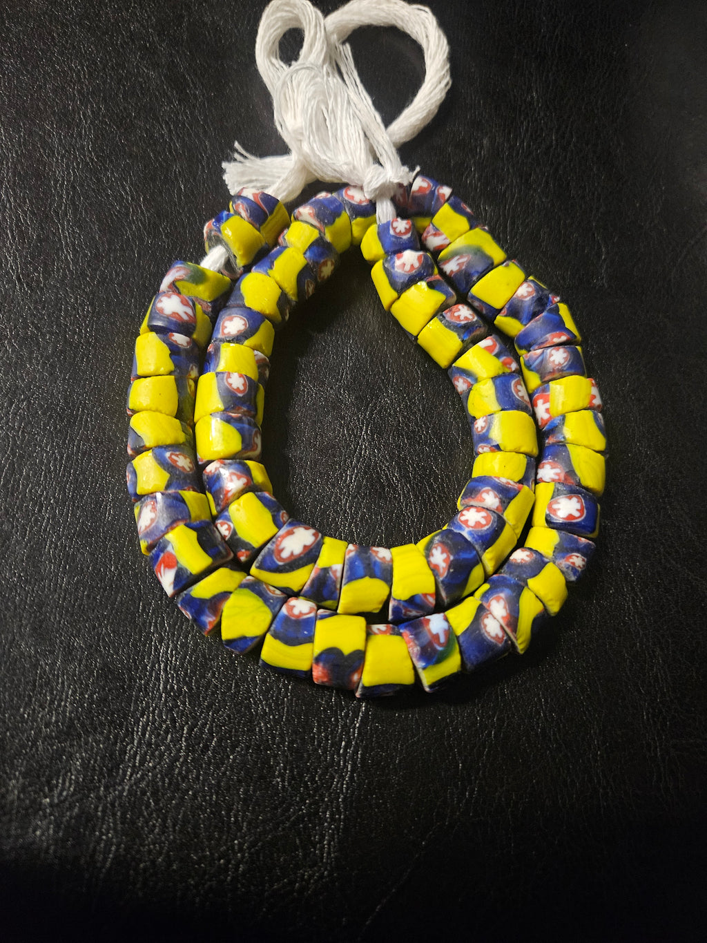 Designer Patterned Trade Beads – Yellow, Blue & Red Motif Strand