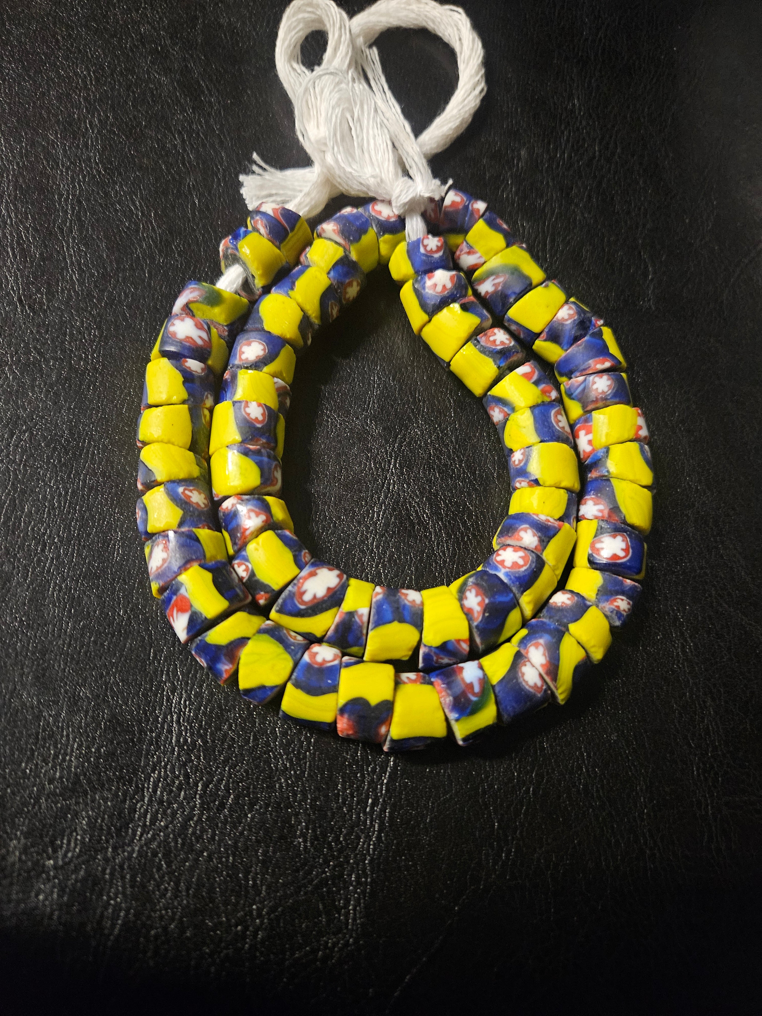 Designer Patterned Trade Beads – Yellow, Blue & Red Motif Strand