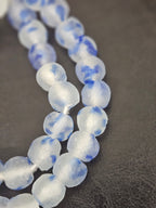 Authentic African Beads from Ghana | Cobalt Blue & Frost White Translucent Krobo Recycled Glass Beads | Handmade 12–14mm