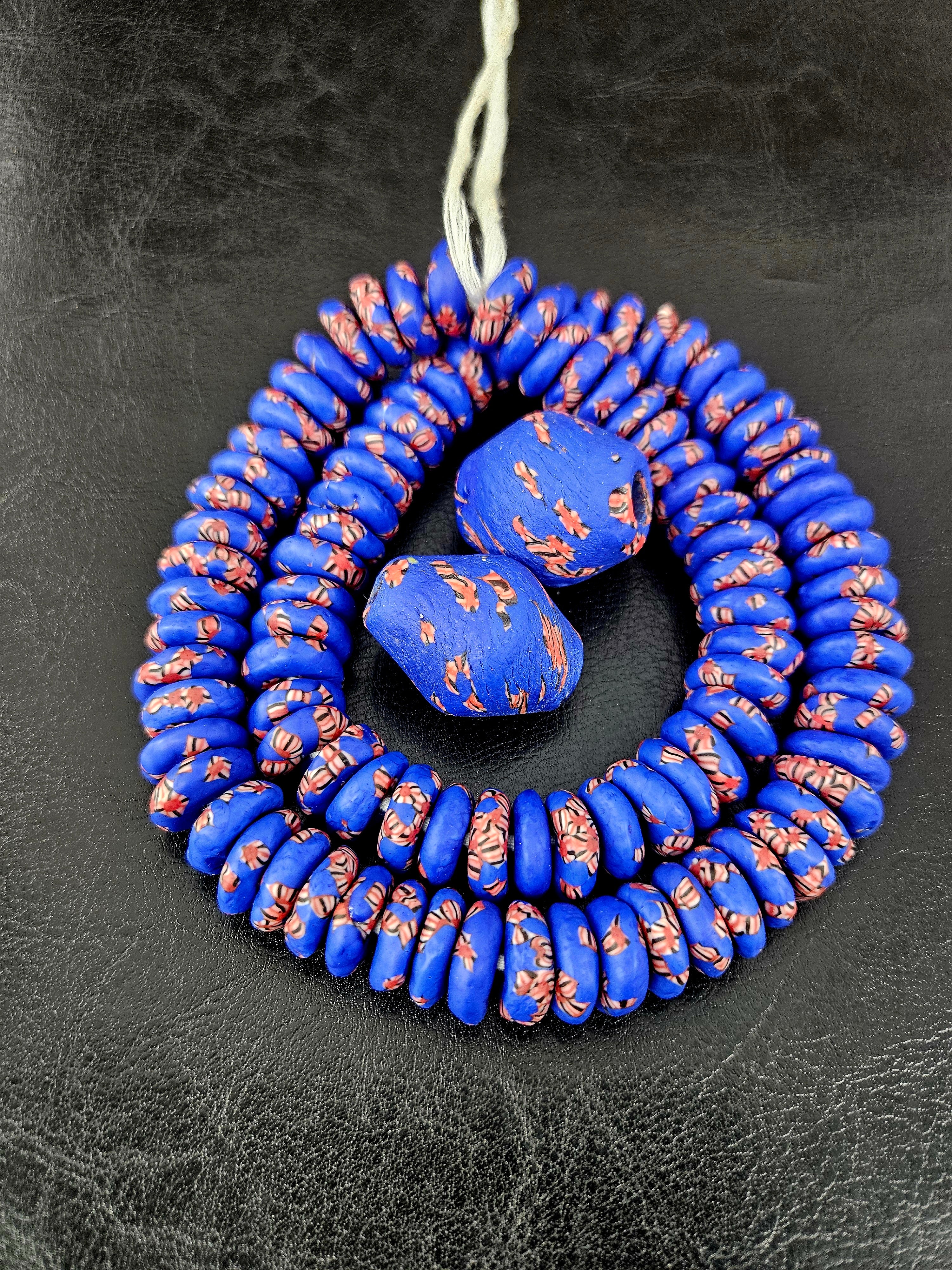African Glass Bead Bundle – Cobalt Blue Krobo Rondelles + Focal Beads