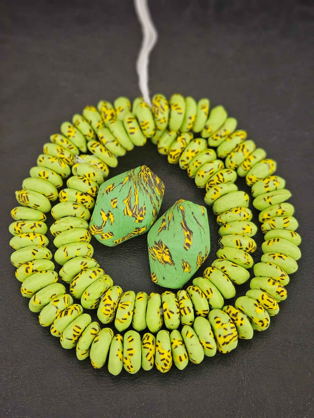 Green African Glass Beads Bundle – Krobo Rondelles + Bicone Focals