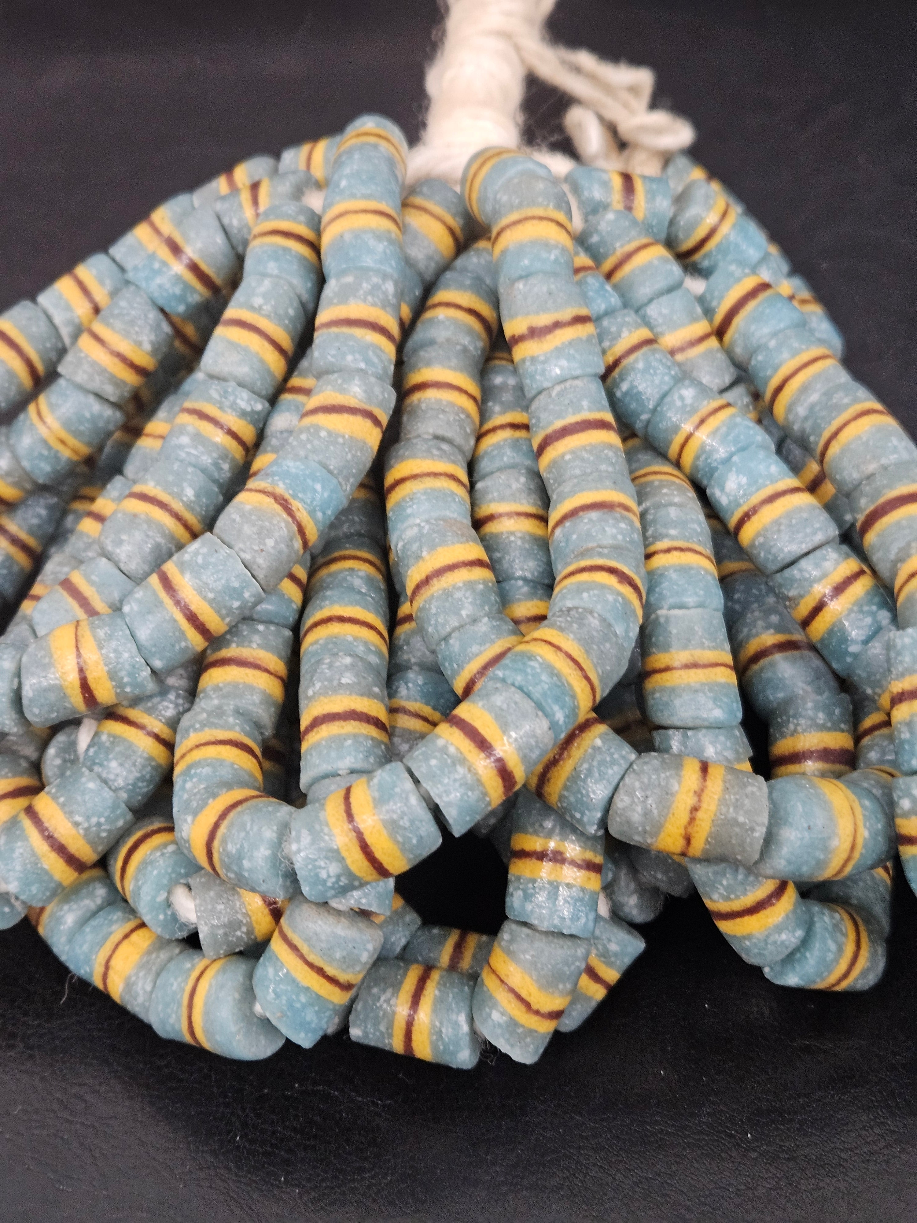 Light Blue Striped Krobo Kente Glass Beads | Handcrafted Powdered Glass Beads from Ghana | Approx. 17 Beads