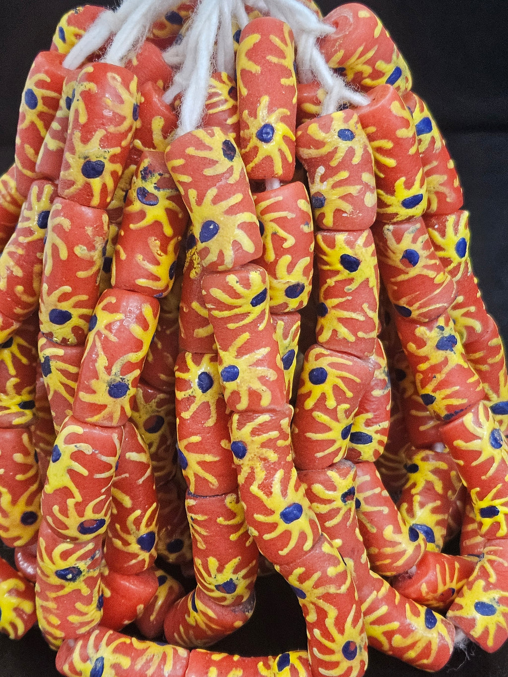 Krobo Painted Glass Tube Beads | Terracotta Coral, Golden Yellow & Royal Blue | Handmade Recycled Glass Beads from Ghana