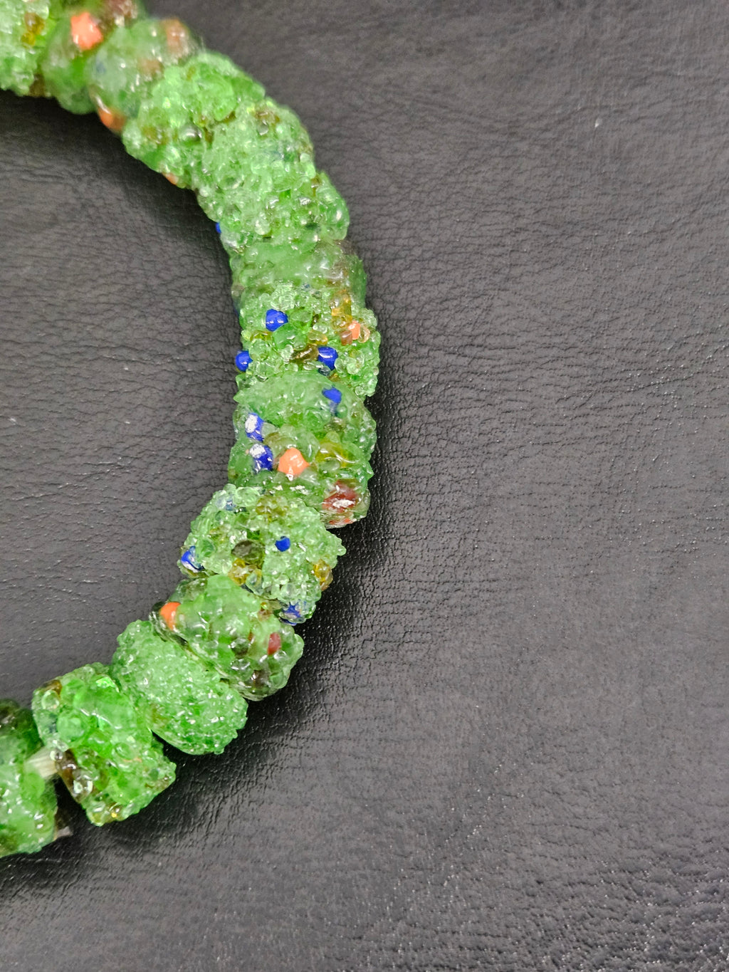 Green Confetti Krobo Sugar Glass Short Tube Beads | Handcrafted Recycled Glass Beads from Ghana | Approx. 32 Beads Per Strand