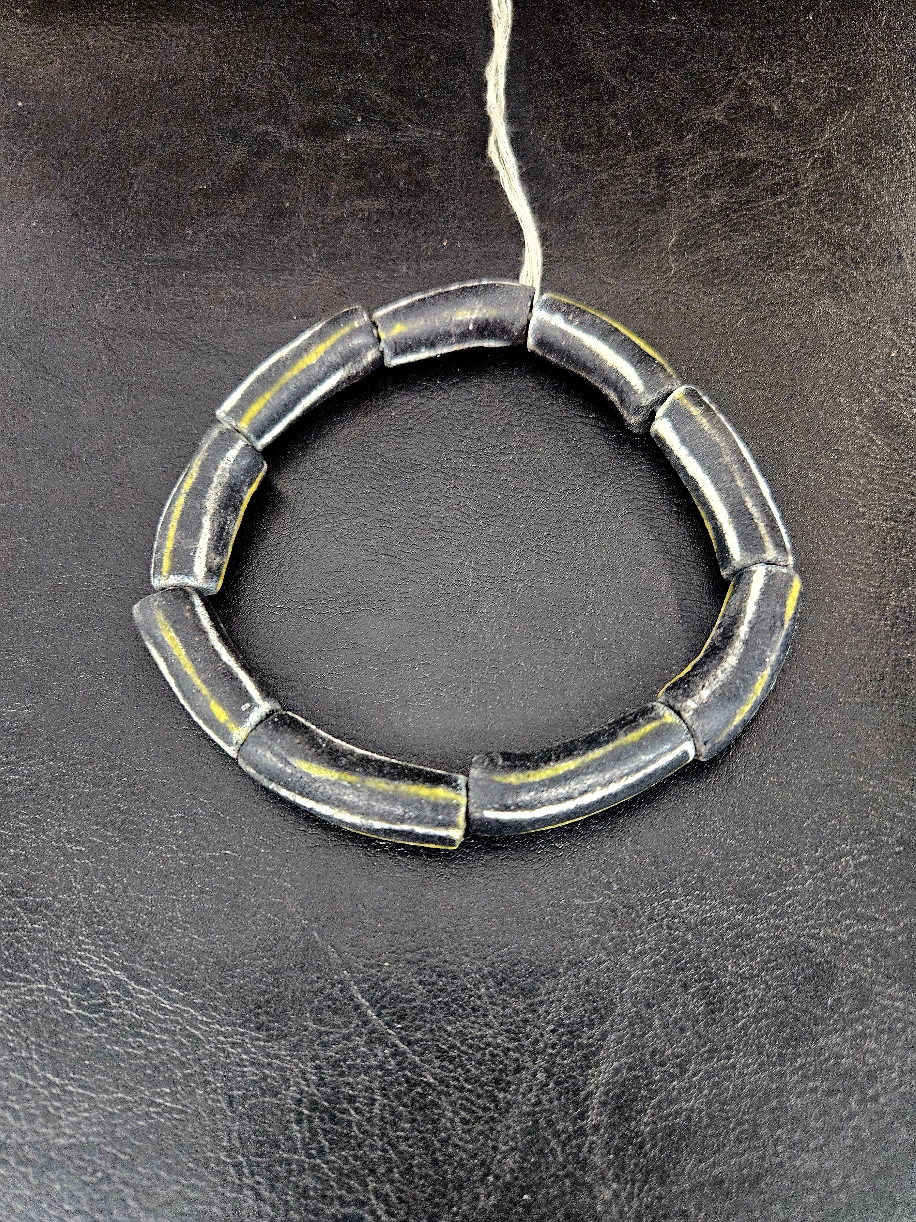 African Glass Beads – Painted Krobo Long Tubes, Black & Gold Beads