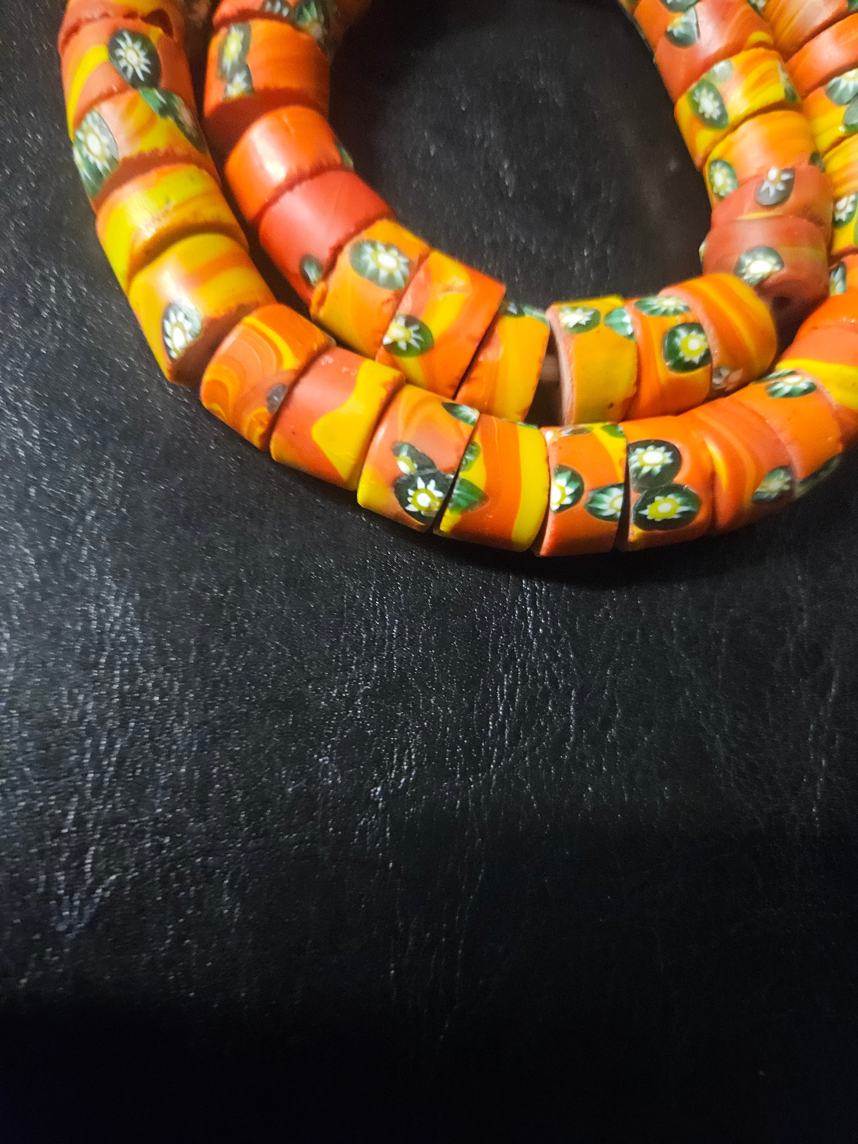 Orange Floral Trade Beads – Multicolor Pattern 8–12 × 14–15mm