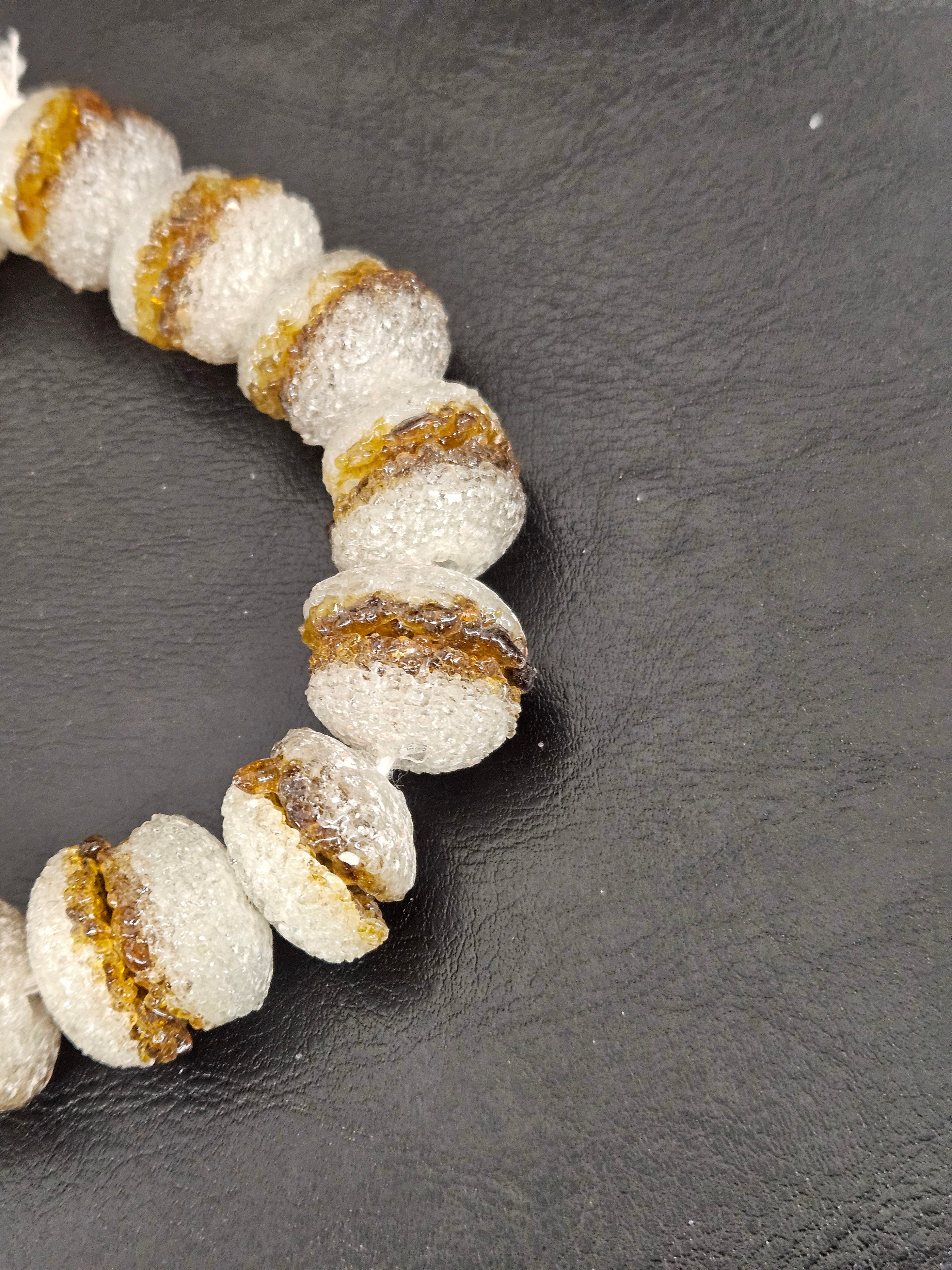 Amber & White Krobo Sugar Glass Rondelle Beads | Handcrafted Recycled Glass Beads from Ghana | Approx. 30 Beads Per Strand