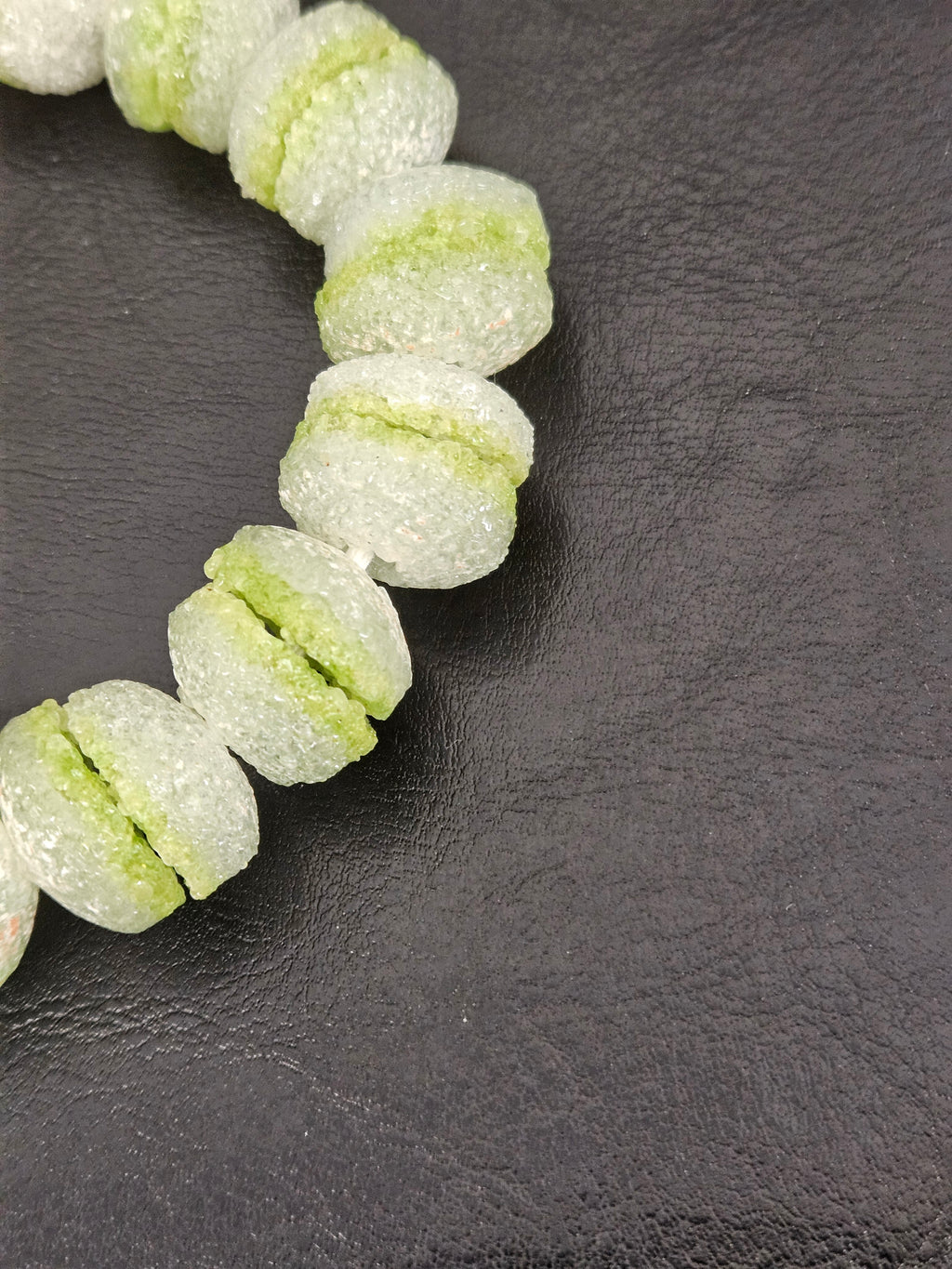 Lime Green & White Krobo Sugar Glass Rondelle Beads | Handcrafted Recycled Glass Beads from Ghana | Approx. 30 Beads Per Strand