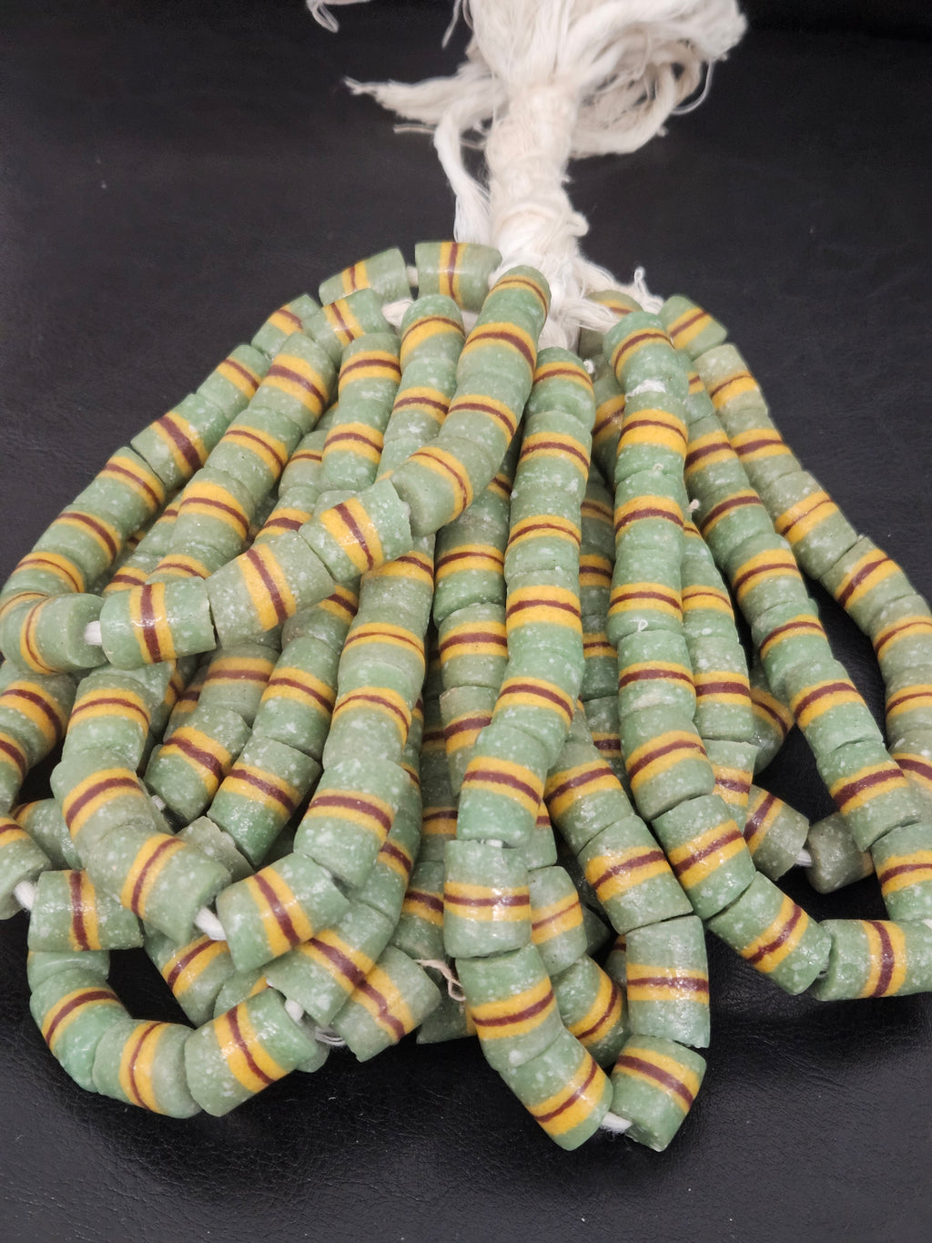 Green Striped Krobo Kente Glass Beads | Handcrafted Powdered Glass Beads from Ghana | Approx. 17 Beads