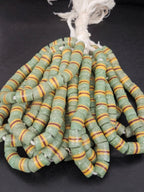 Green Striped Krobo Kente Glass Beads | Handcrafted Powdered Glass Beads from Ghana | Approx. 17 Beads