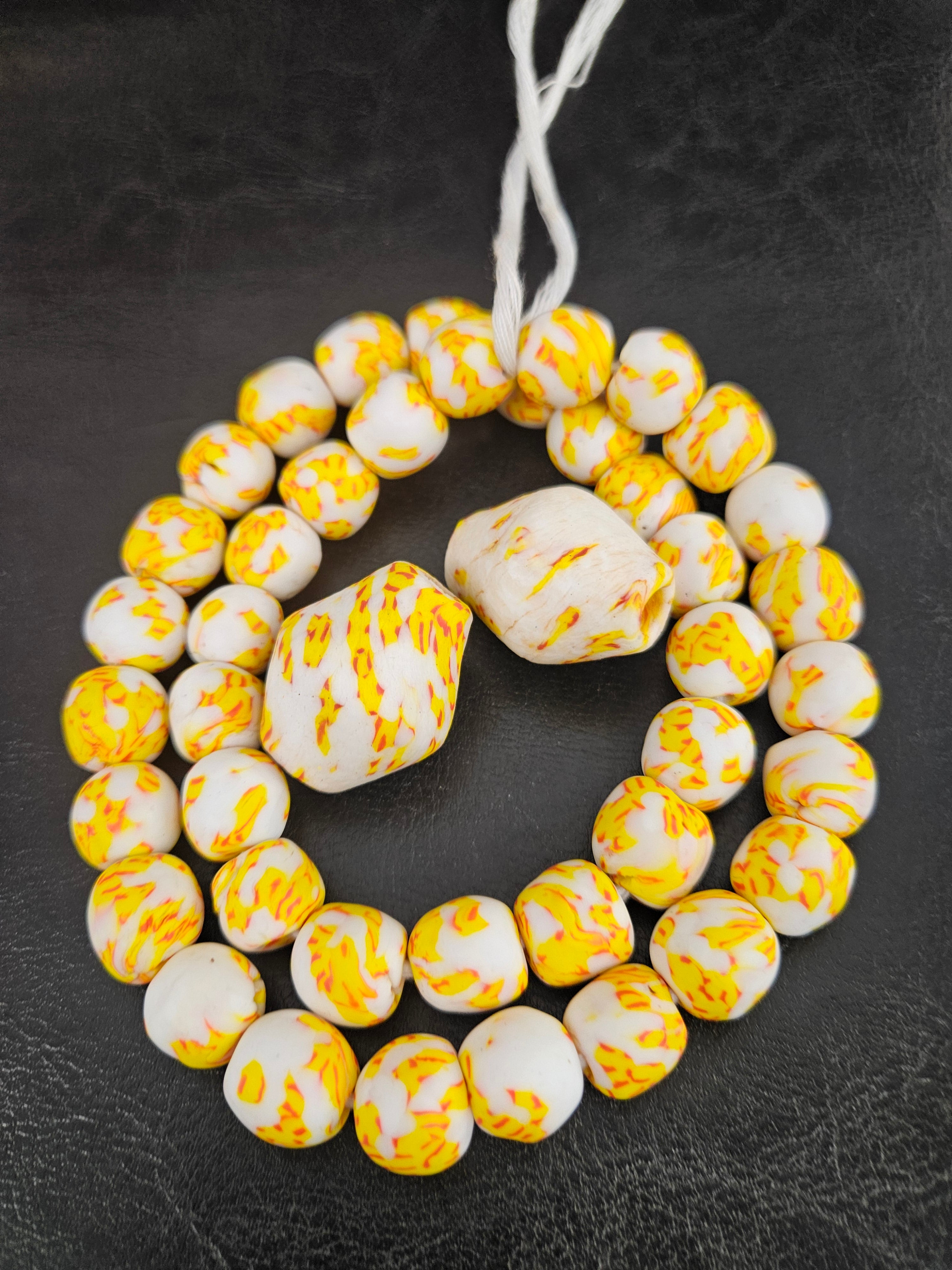African Glass Bead Bundle – Yellow & Ivory Krobo Rounds + Focal Beads