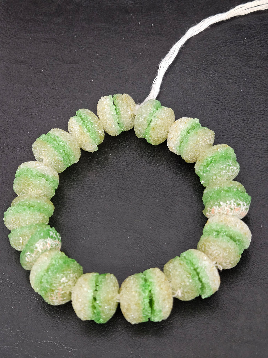 Green & White Krobo Sugar Glass Rondelle Beads | Handcrafted Recycled Glass Beads from Ghana | Approx. 30 Beads Per Strand