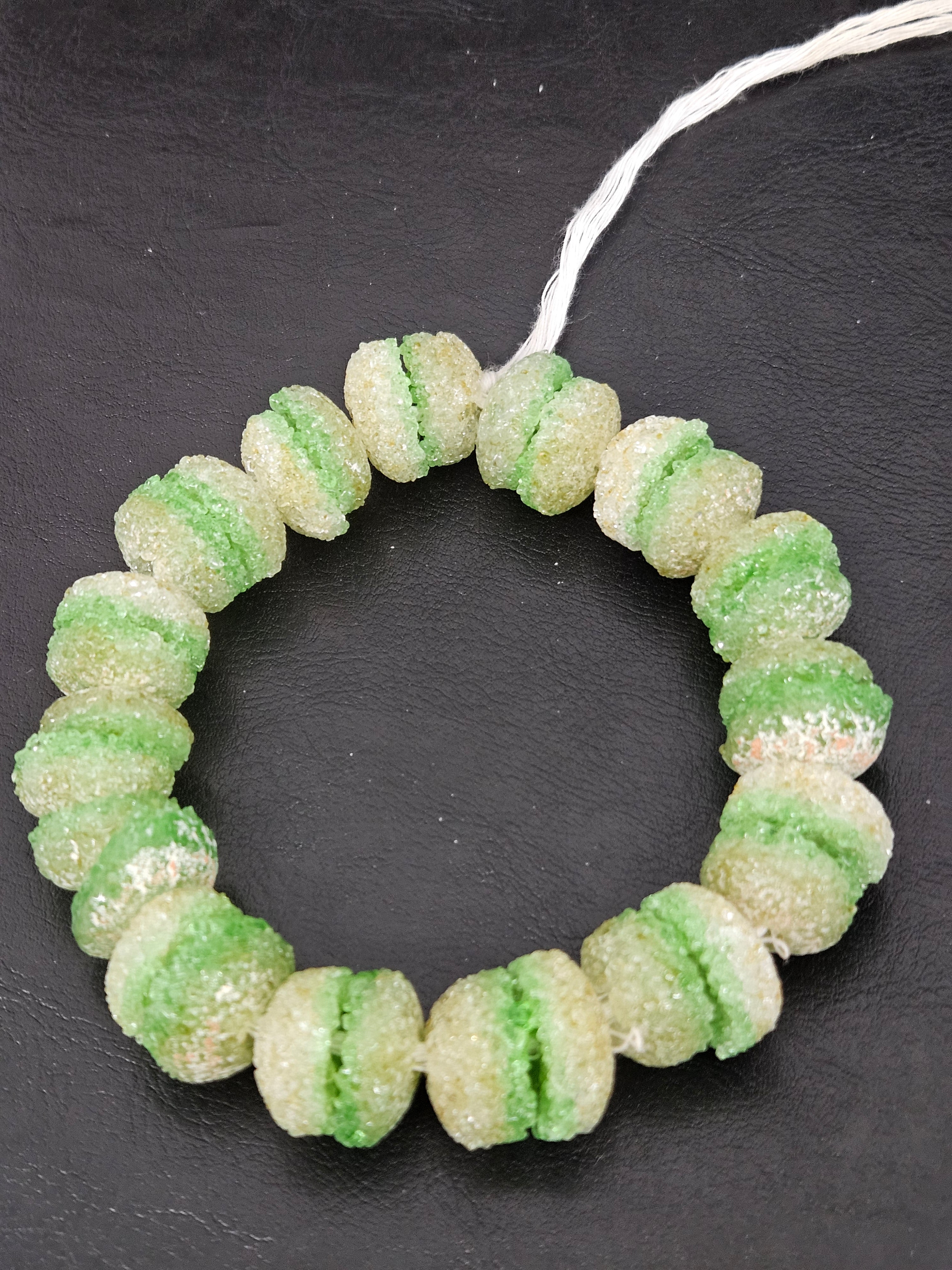 Green & White Krobo Sugar Glass Rondelle Beads | Handcrafted Recycled Glass Beads from Ghana | Approx. 30 Beads Per Strand