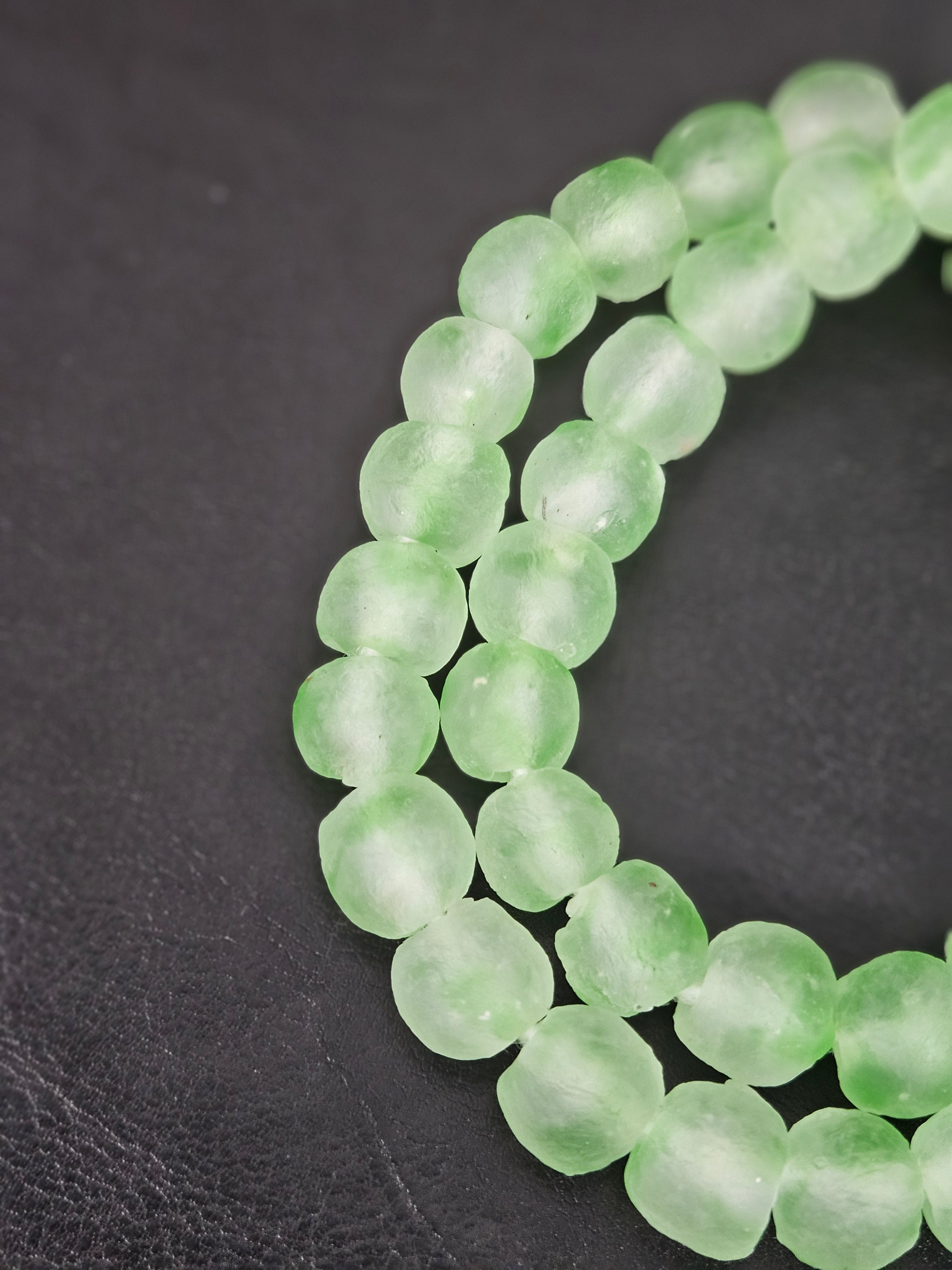 Authentic Mint Green Krobo Translucent Recycled Glass Beads | Handmade Ghana Glass Beads 12–14mm
