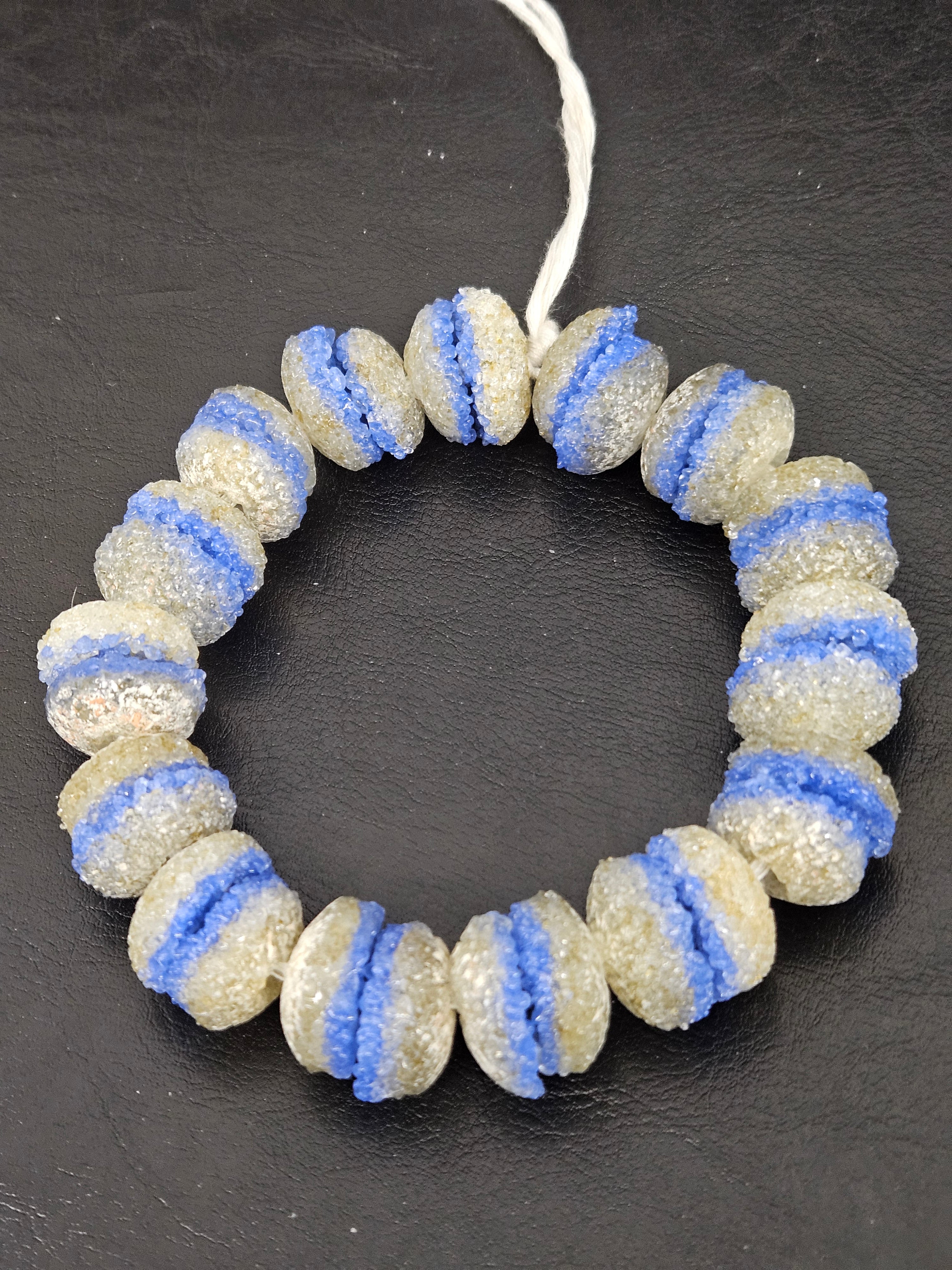 Royal Blue & Ivory Krobo Sugar Glass Rondelle Beads | Handcrafted Recycled Glass Beads from Ghana | Approx. 30 Beads Per Strand