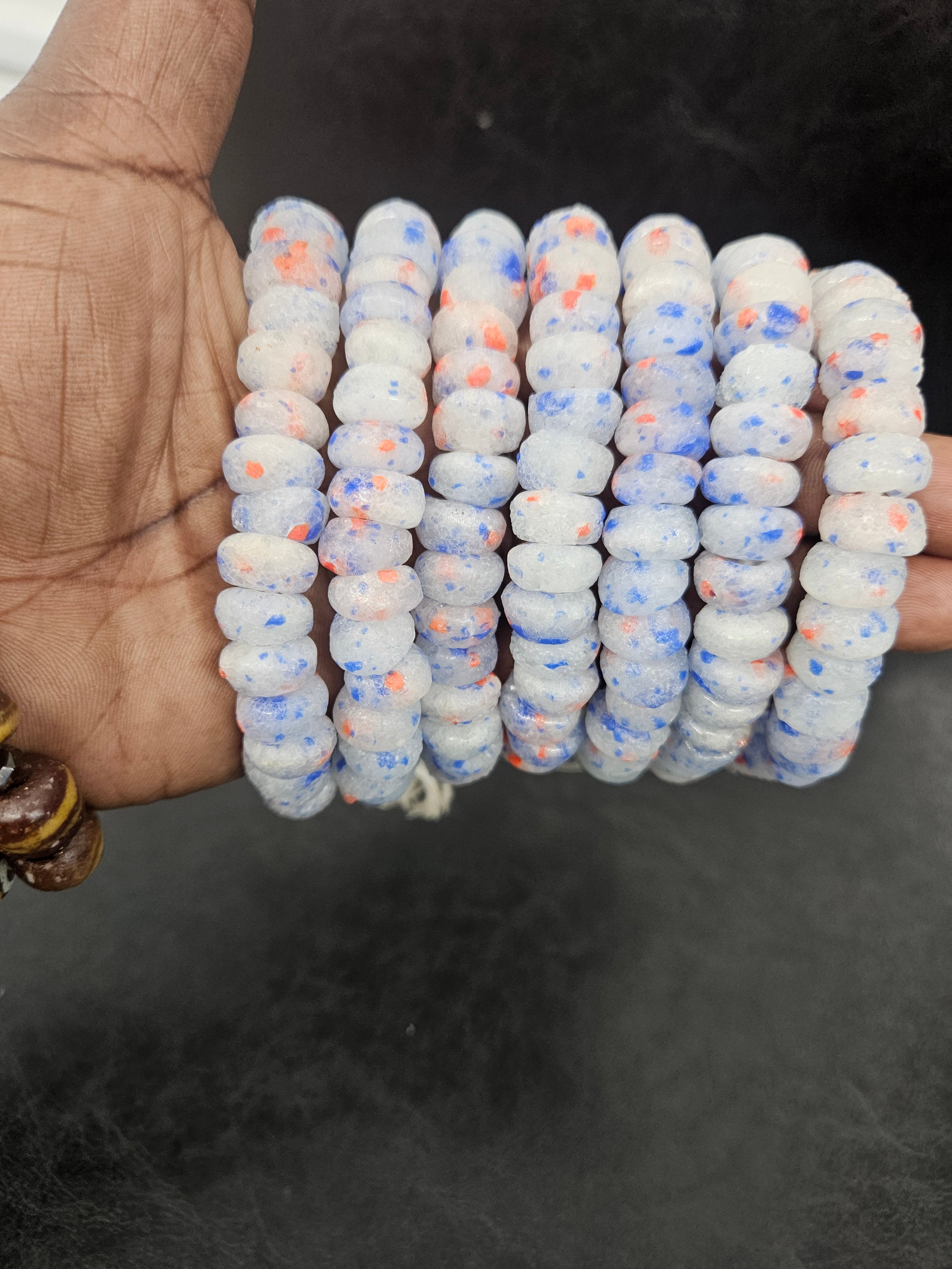 White Blue & Coral Speckled Krobo Powder Glass Beads – African Recycled Glass Short Tube Beads for Jewelry Making