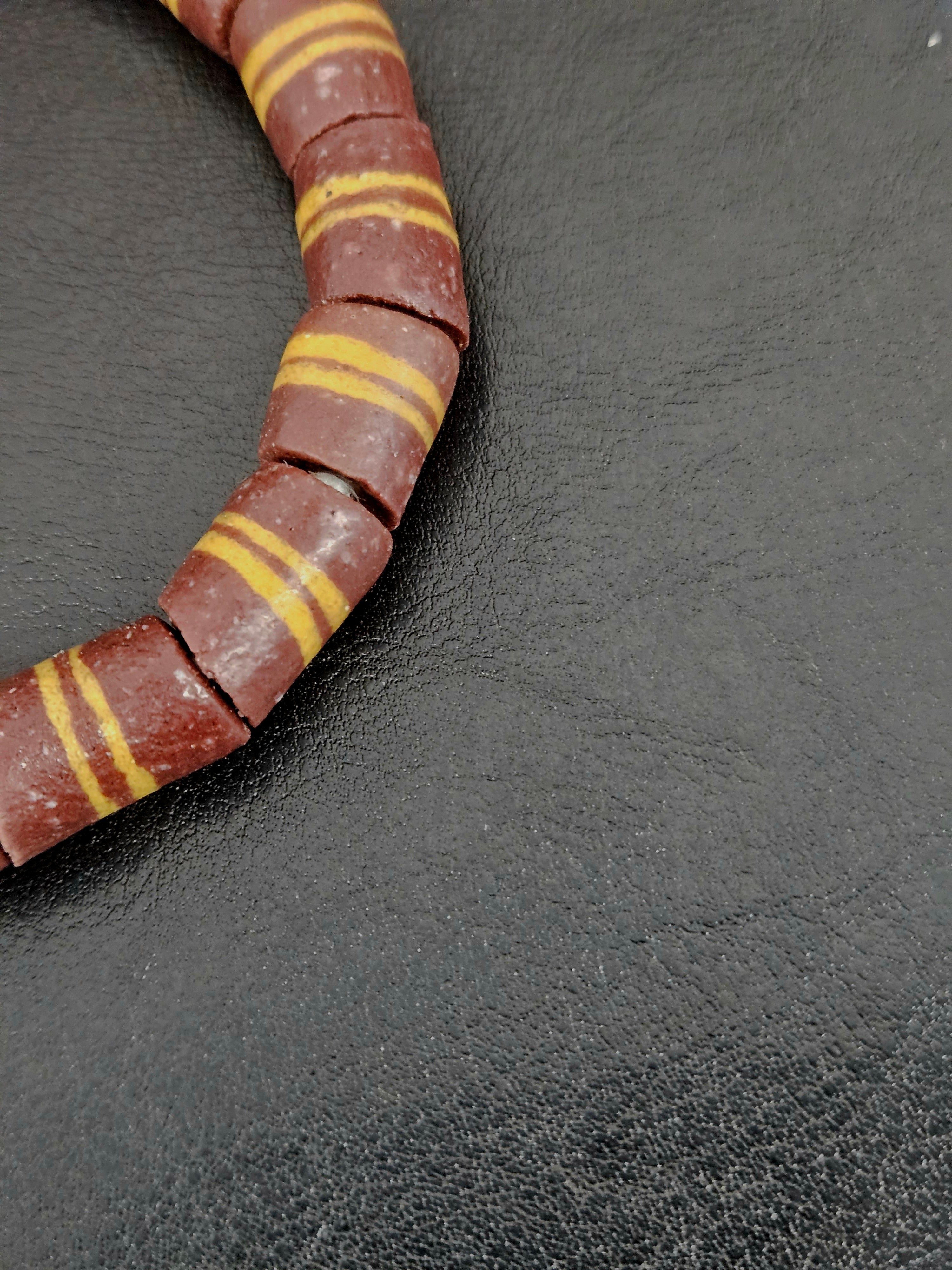 Brown Striped Krobo Kente Glass Beads | Handcrafted Powdered Glass Beads from Ghana | Approx. 17 Beads