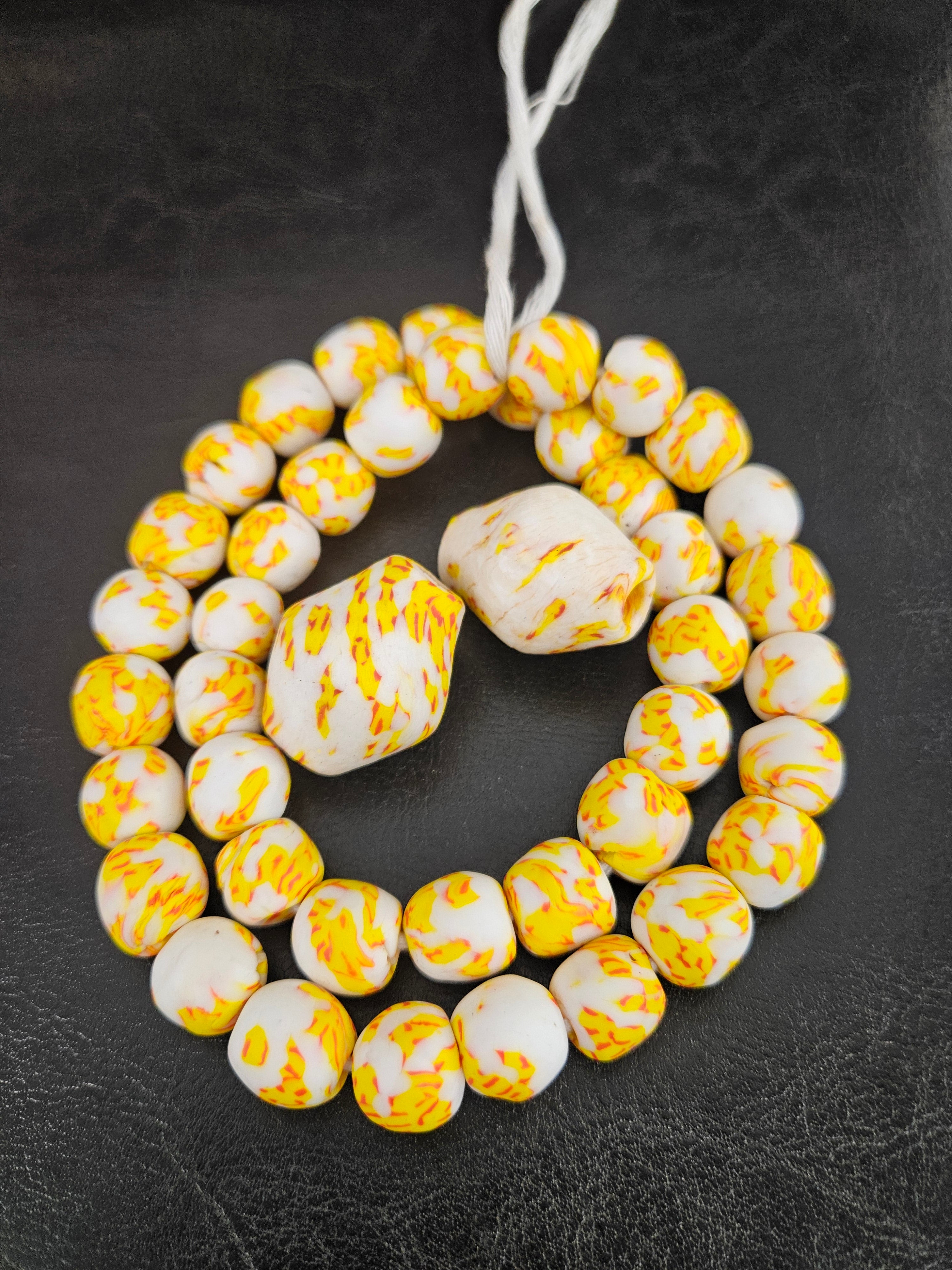 African Glass Bead Bundle – Yellow & Ivory Krobo Rounds + Focal Beads