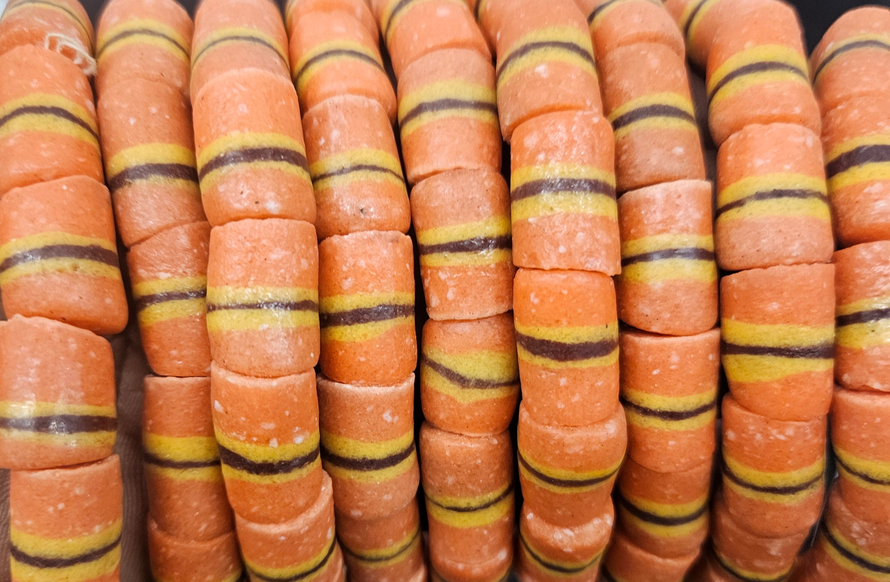 Orange Striped Krobo Kente Glass Beads | Handcrafted Powdered Glass Beads from Ghana | Approx. 17 Beads