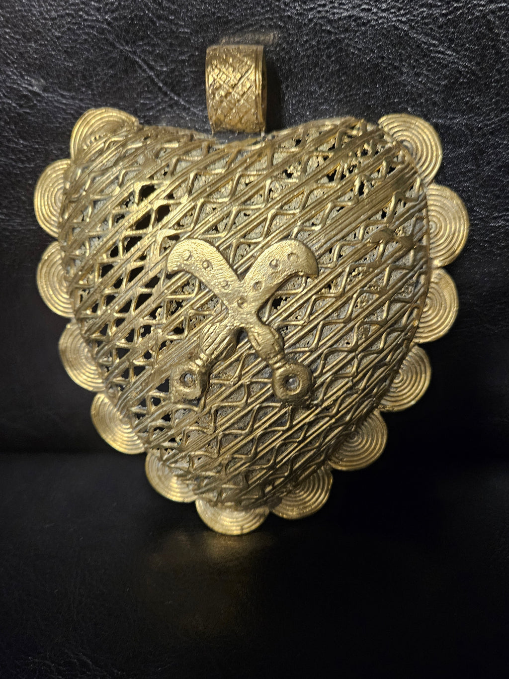 Large Akofena Ghana Brass Statement Pendant – Woven Geometric Focal
