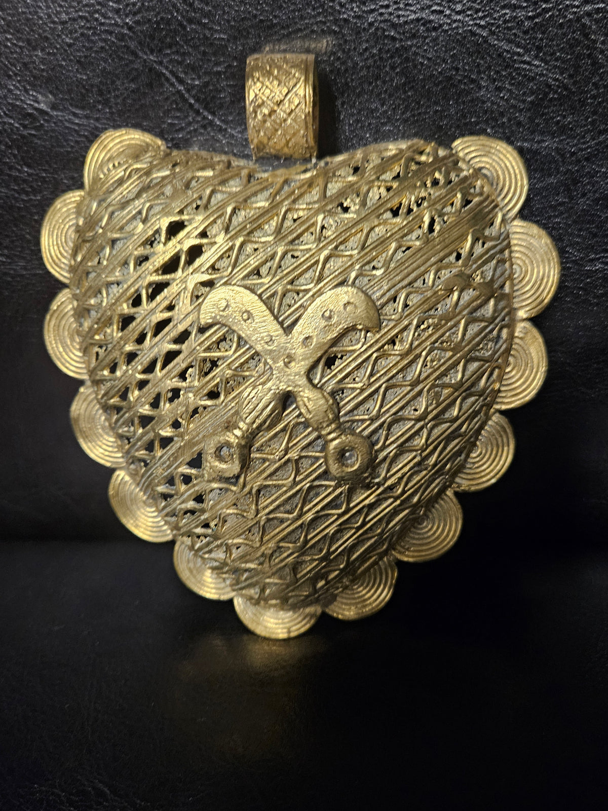 Large Akofena Ghana Brass Statement Pendant – Woven Geometric Focal